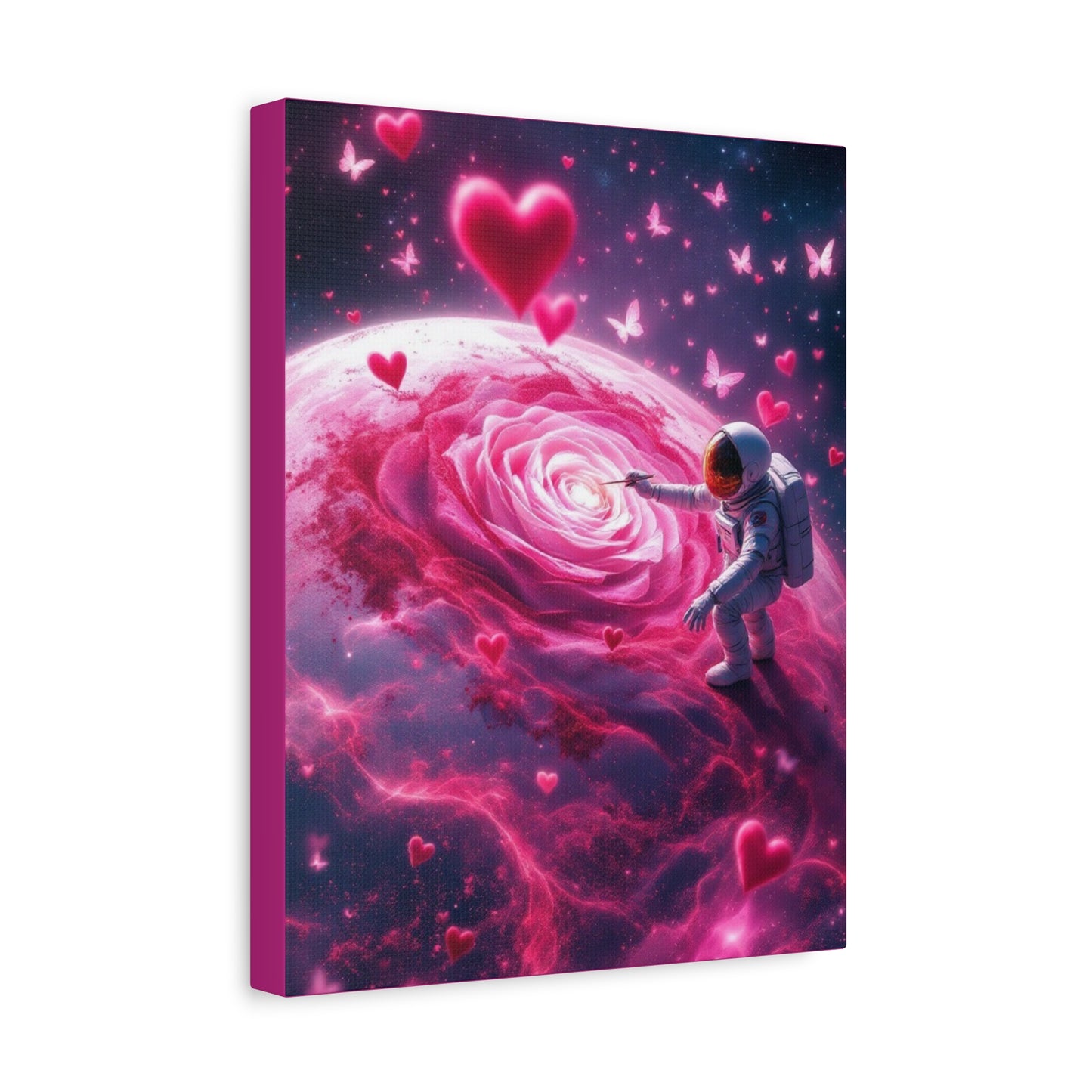 Cosmic Love Matte Canvas, Vibrant Astronaut with Rose Art for Romantic Home Decor, Perfect Valentine’s Day Gift