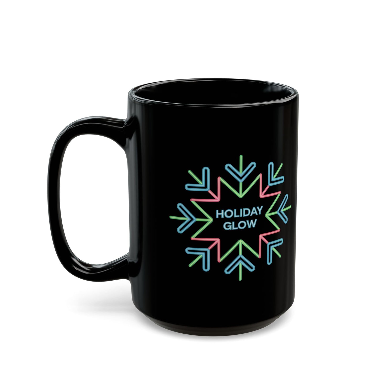 Holiday Glow Mug by Lair Gadgets – 15 oz Black Ceramic Coffee Cup with Neon Snowflake Design for Christmas and Winter