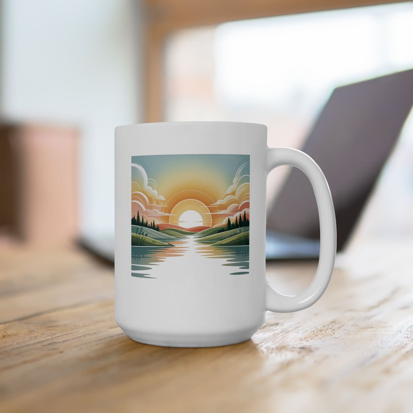 Sunrise Landscape Ceramic Mug, 15 oz – Minimalist Calm Coffee Cup for Therapy Offices, Mental Health Spaces, and Daily Rituals by Lair Gadgets