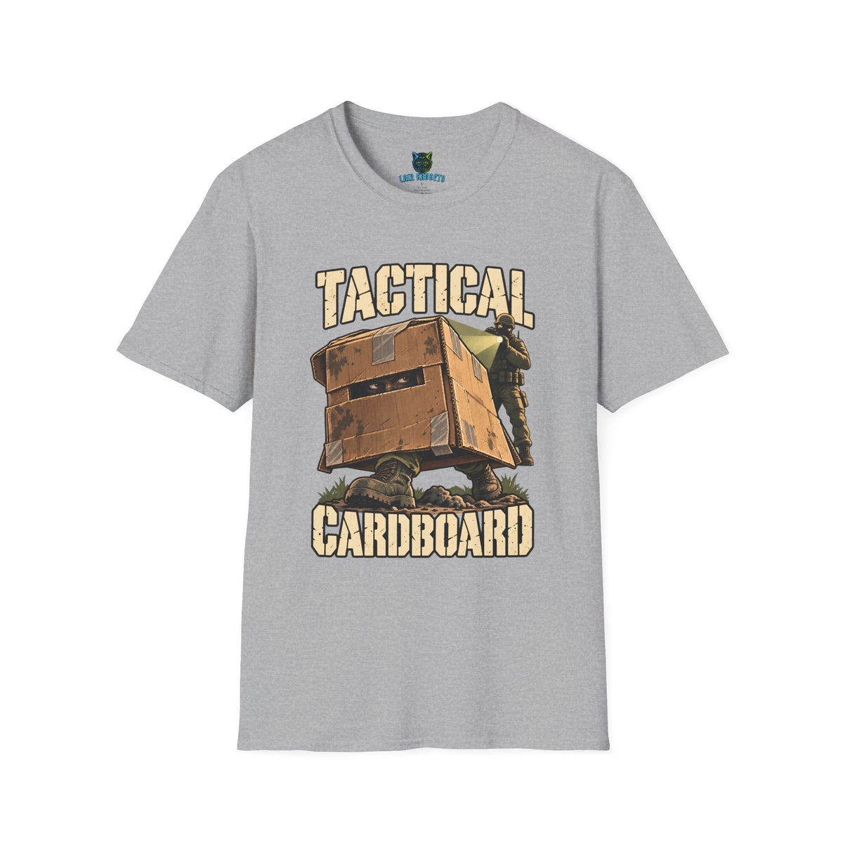 Sport grey t-shirt with Tactical Cardboard soldier in a cardboard box graphic