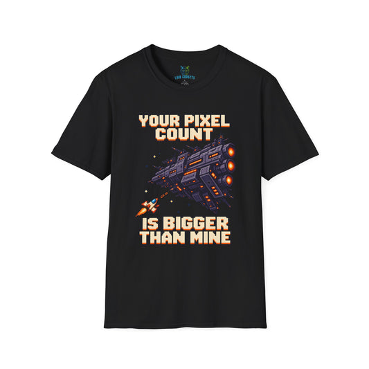 Black t-shirt with Your Pixel Count Is Bigger Than Mine pixel art spaceship graphic