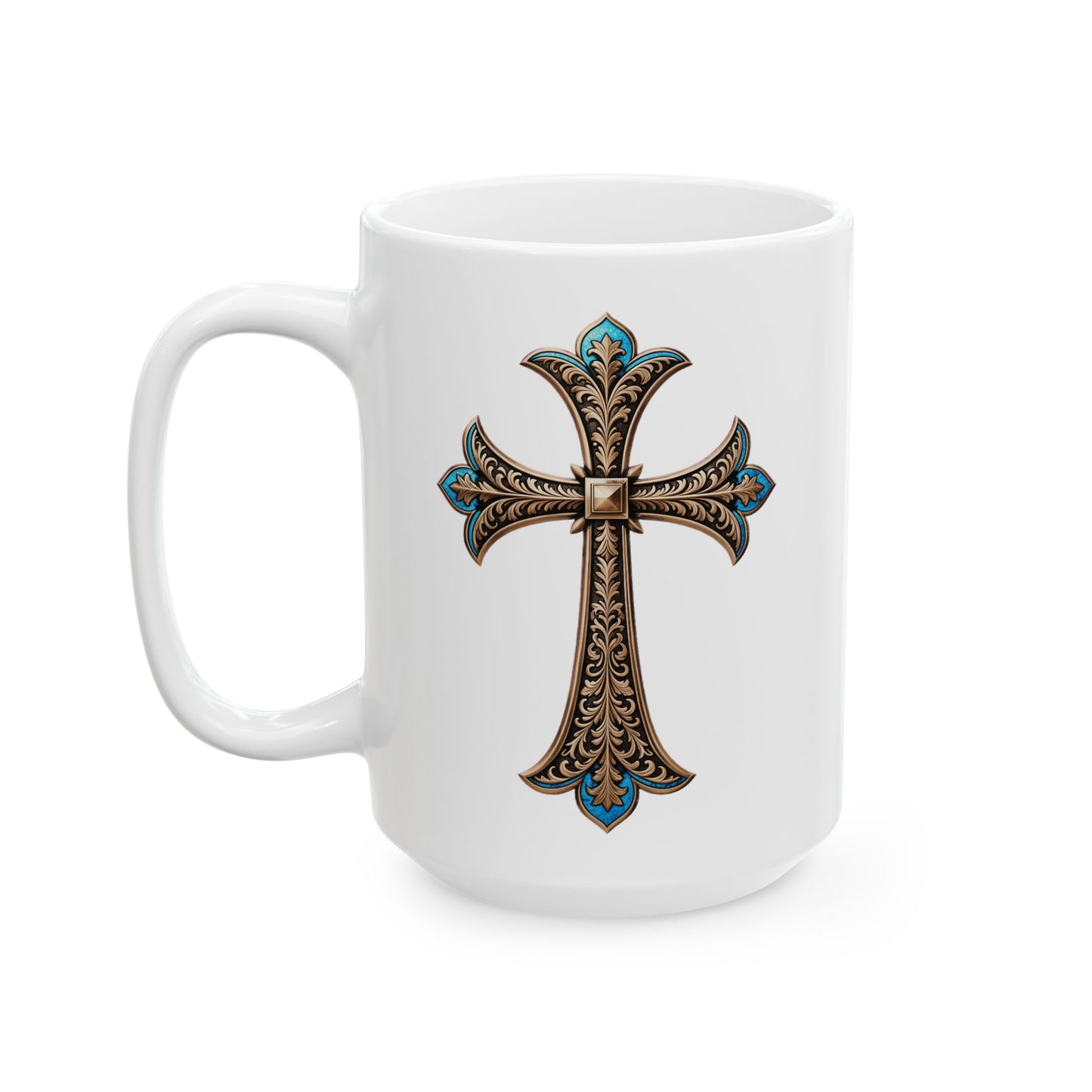 Easter Cross Blue Accent Ceramic Mug, (11oz, 15oz)
