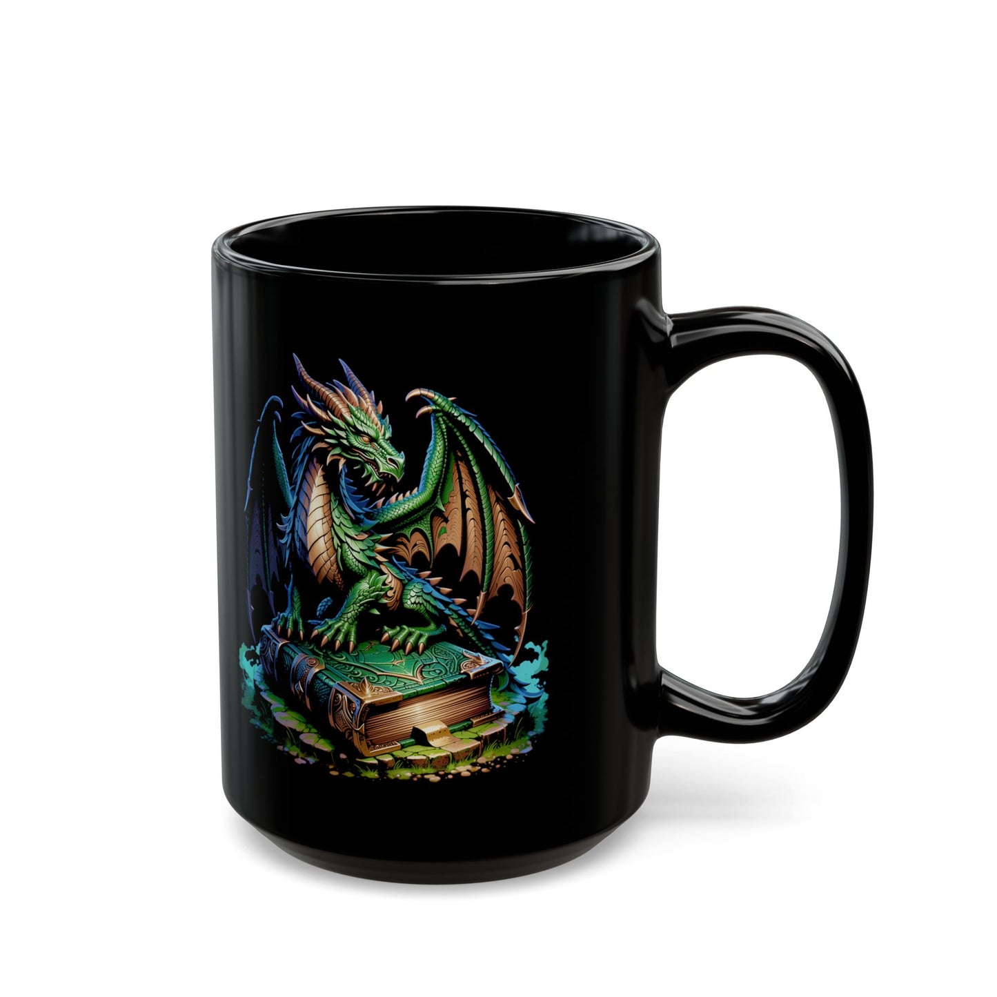 Green Dragon Guarding Book Black Mug (11oz, 15oz)