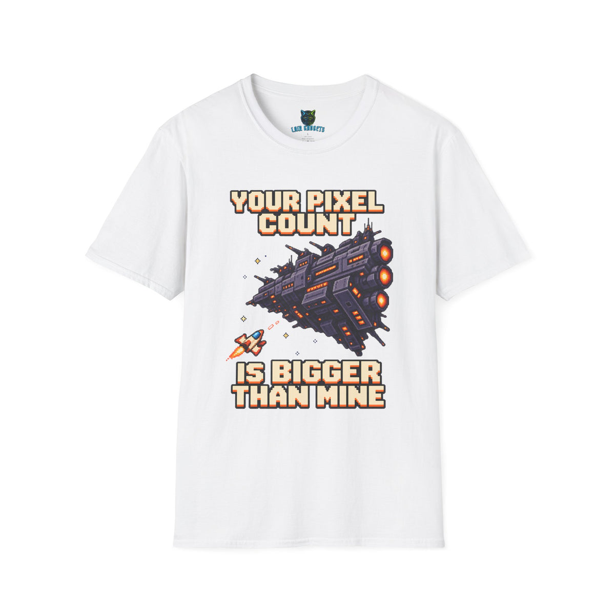 White t-shirt with Your Pixel Count Is Bigger Than Mine pixel art spaceship graphic