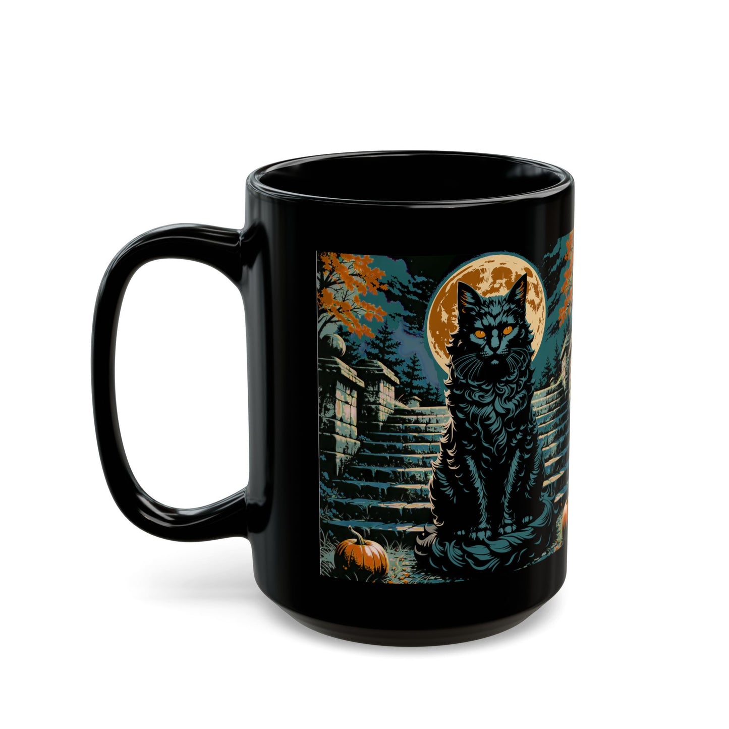 Halloween Black Cat Full Moon best staircase Black Mug (15oz)