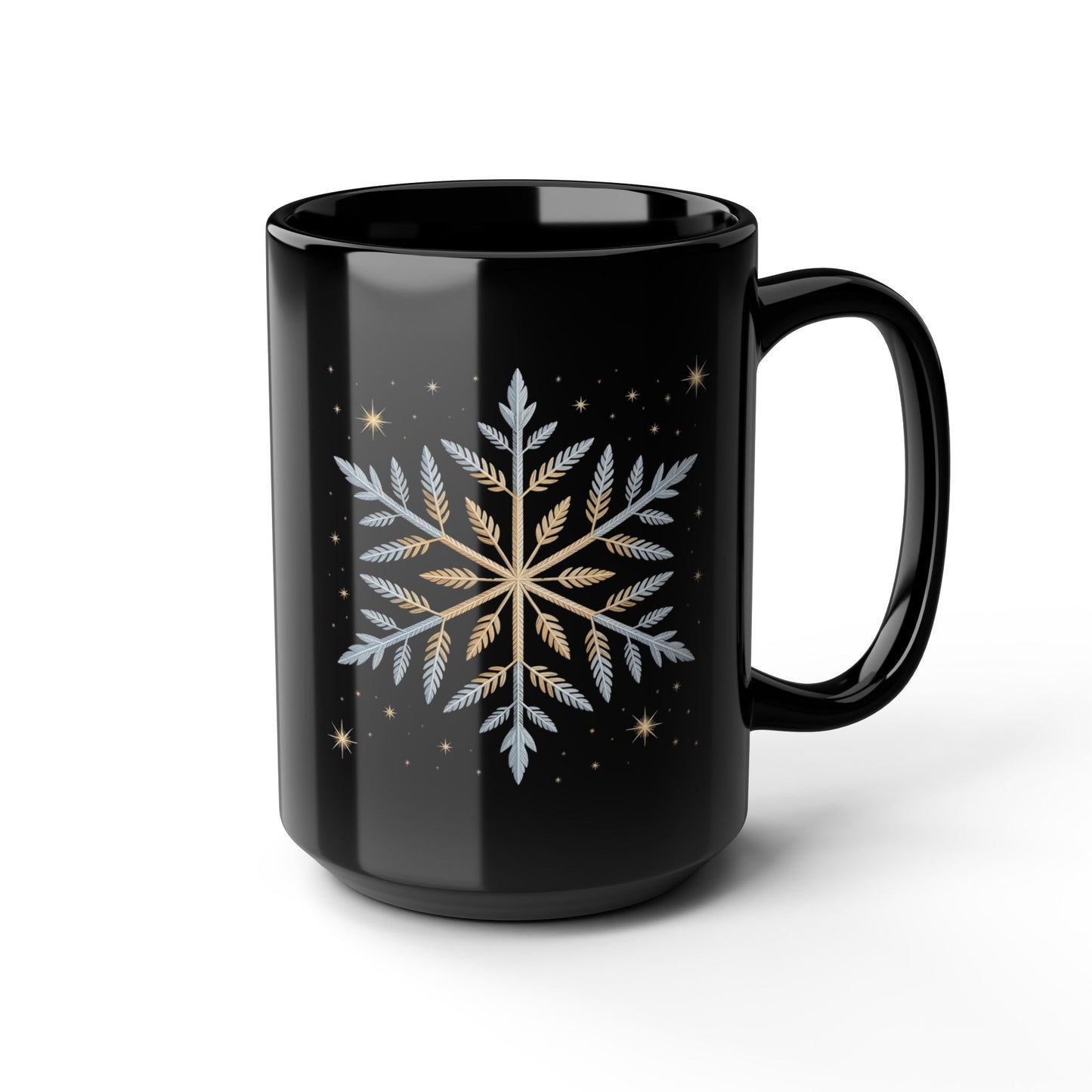 Winter Radiance Snowflake Mug by Lair Gadgets – 15 oz Black Ceramic Coffee Cup with Elegant Gold and Silver Flake Design
