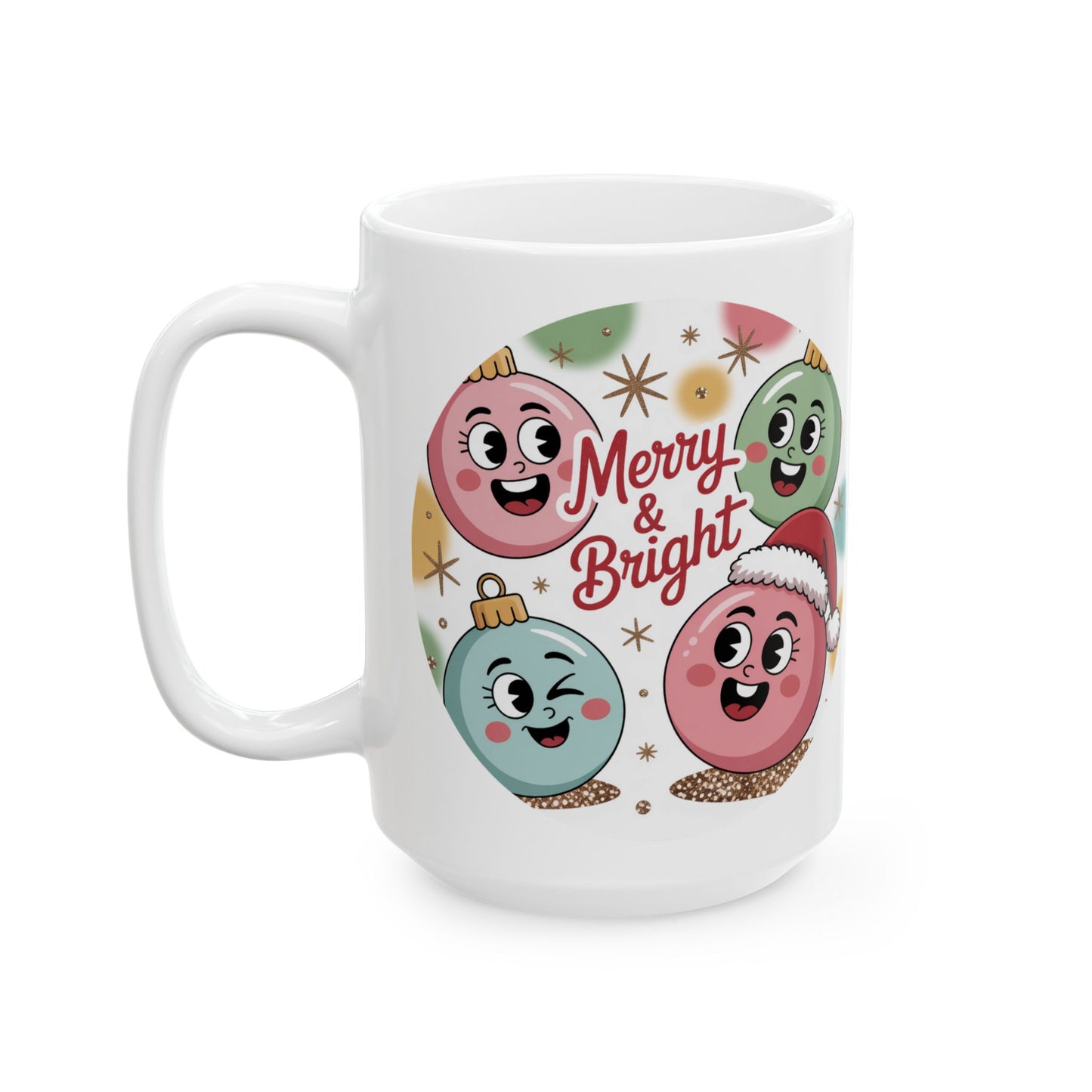 Merry & Bright Ornament Mug by Lair Gadgets – 15 oz White Ceramic Coffee Cup with Cheerful Holiday Bauble Design