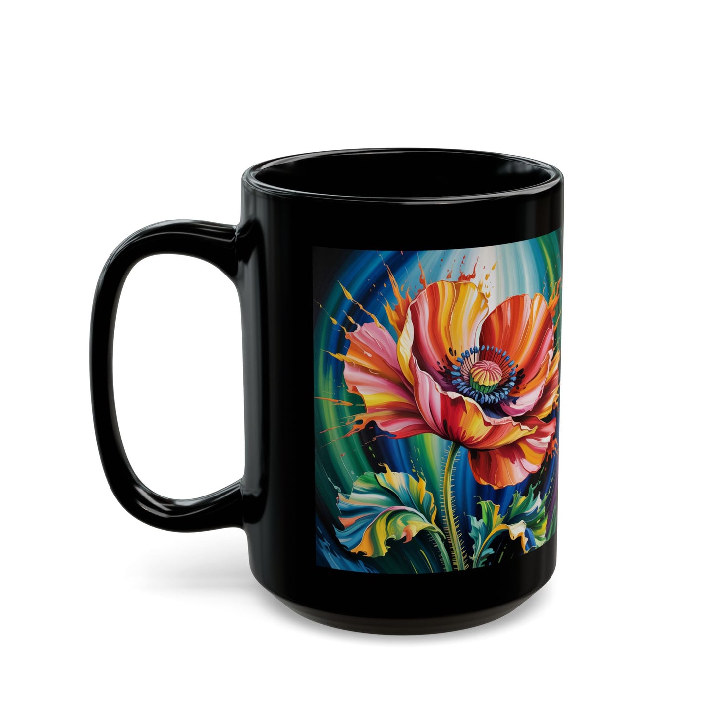 Bold Artistic Floral Coffee Mug 15oz Colorful Poppy Design by Lair Gadgets Black Mug (15oz)