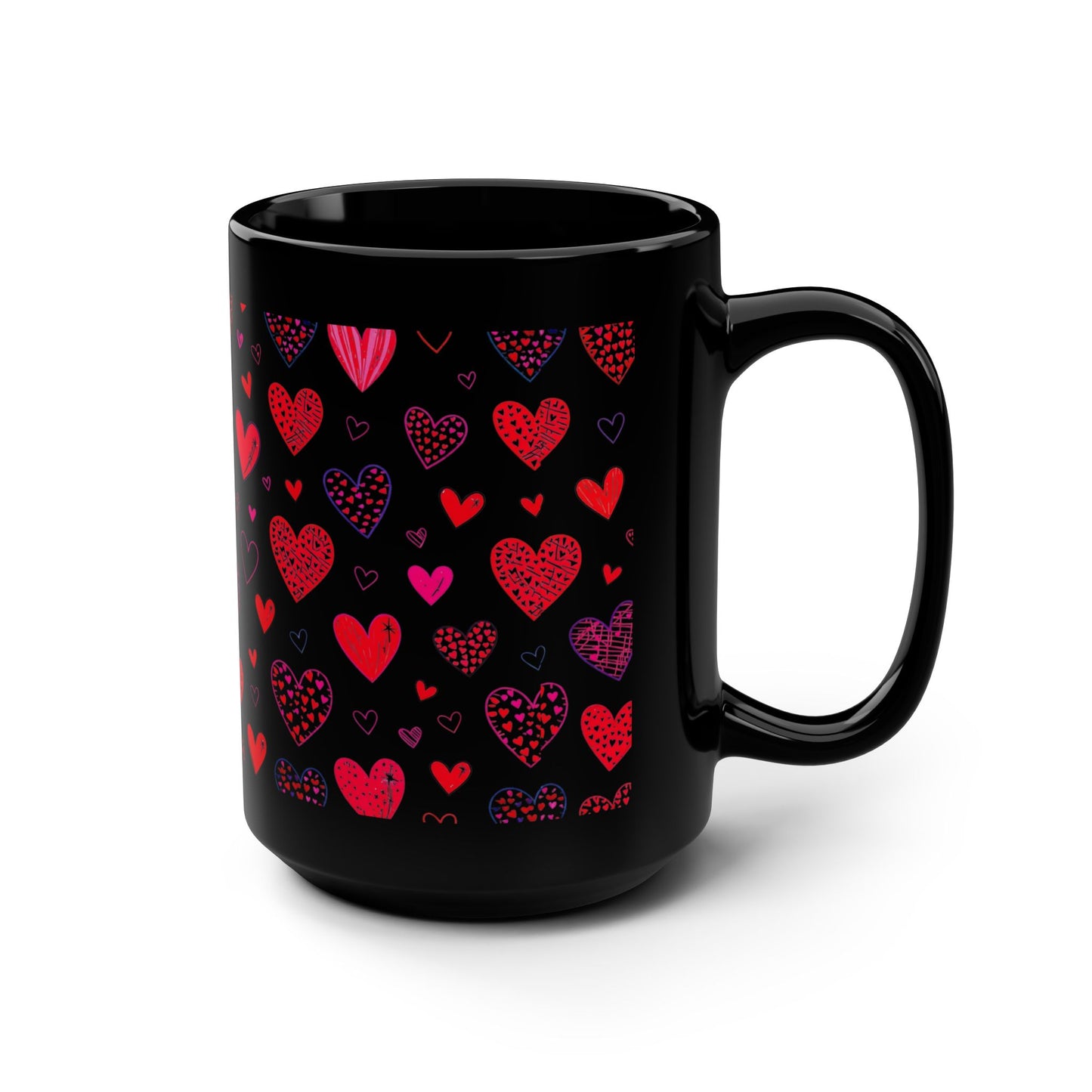 15oz Black Mug — Red & Pink Heart Pattern - score 82