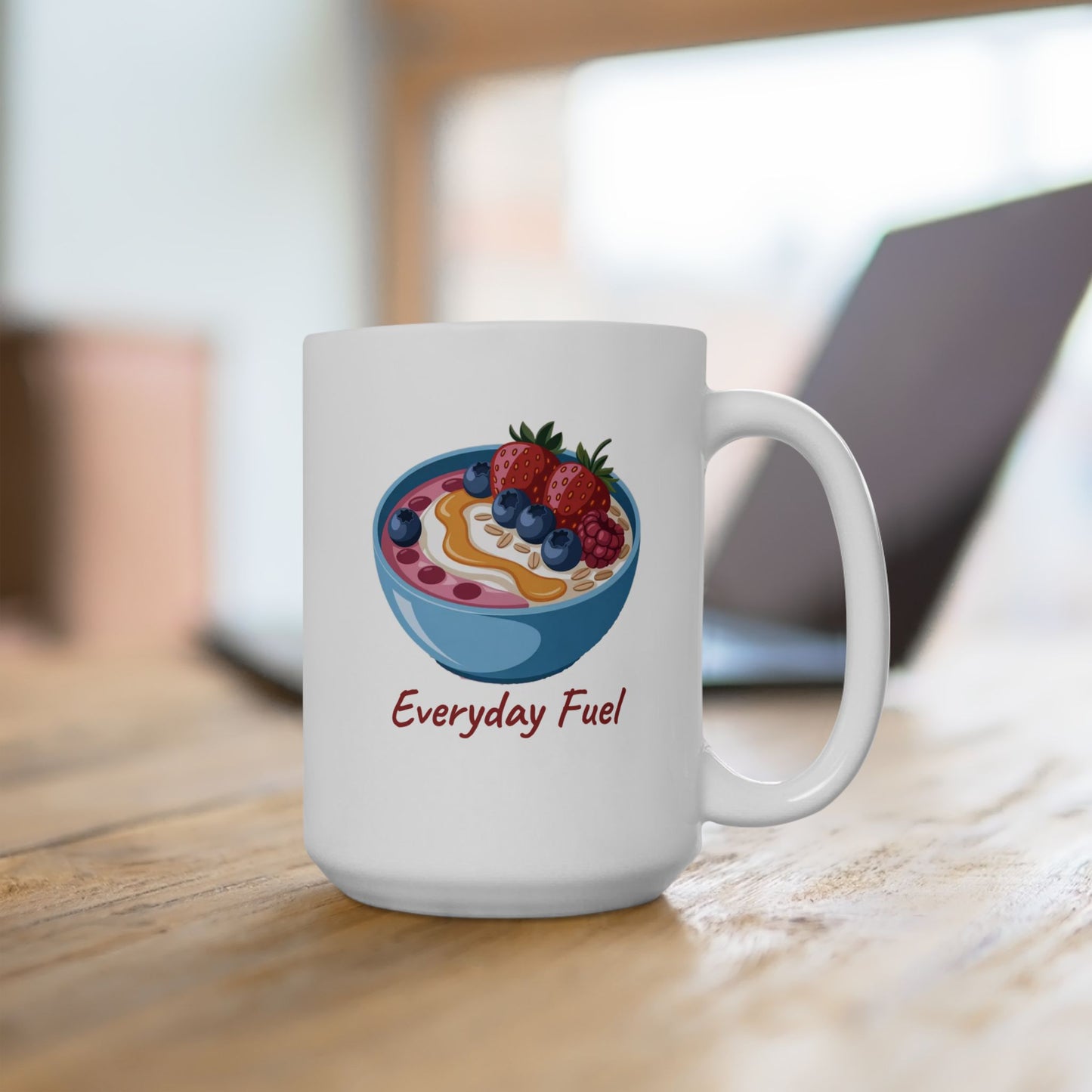 Acai Bowl Ceramic Mug — Colorful Fruit Illustration "Everyday Fuel" (15oz)