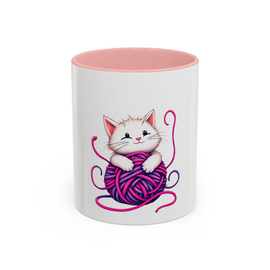 Cute Cat Yarn Accent Coffee Mug, Cheerful Kitty Design for Coffee Enjoyment