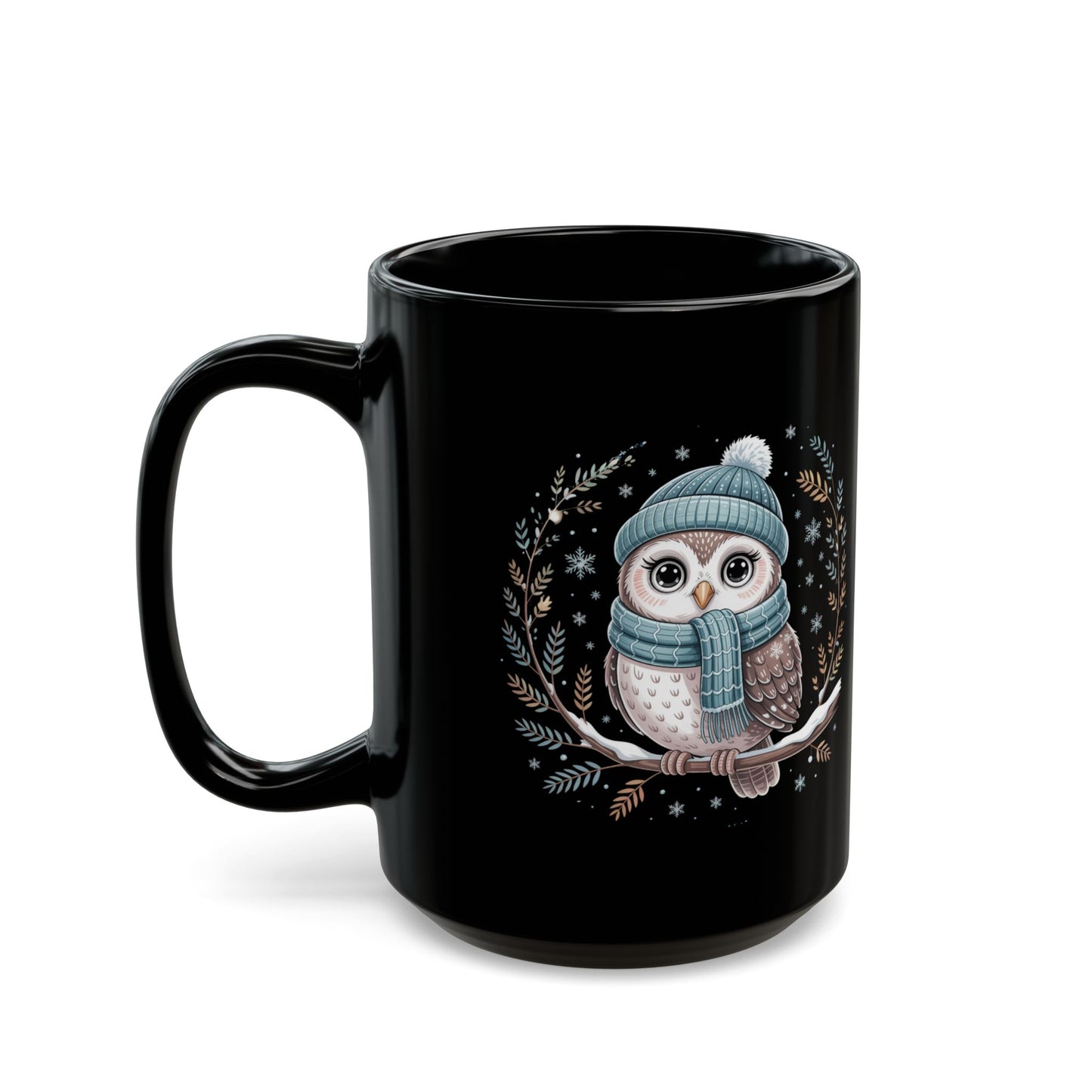 Winter Wisdom Owl Mug by Lair Gadgets – 15 oz Black Ceramic Coffee Cup with Cozy Snowy Owl and Scarf Design
