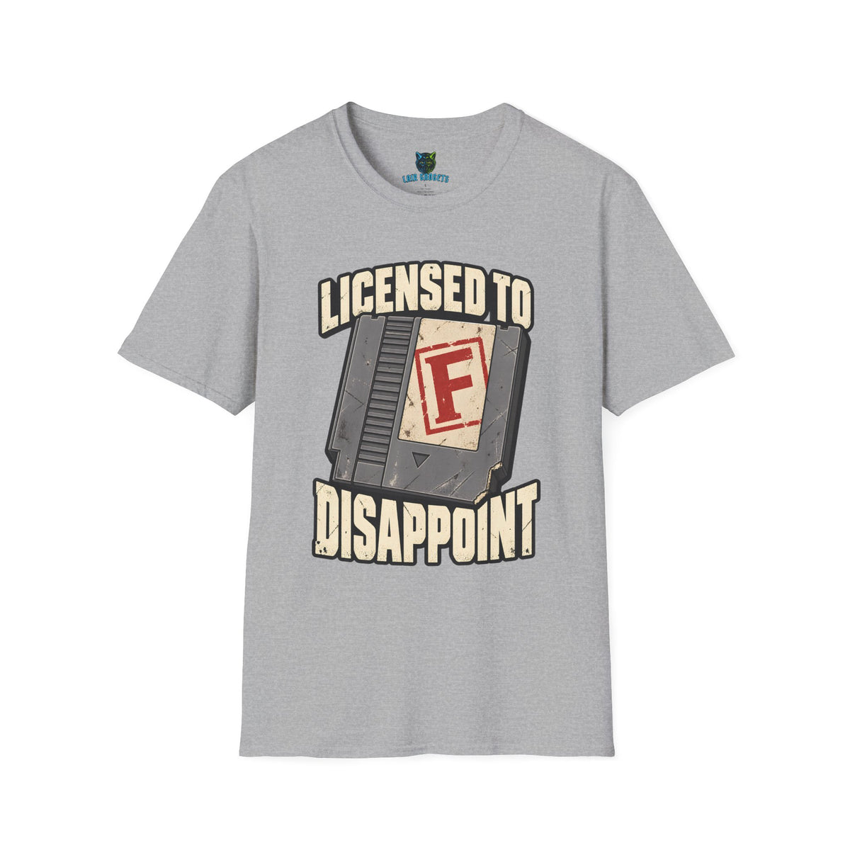 Sport grey t-shirt with Licensed to Disappoint retro game cartridge graphic