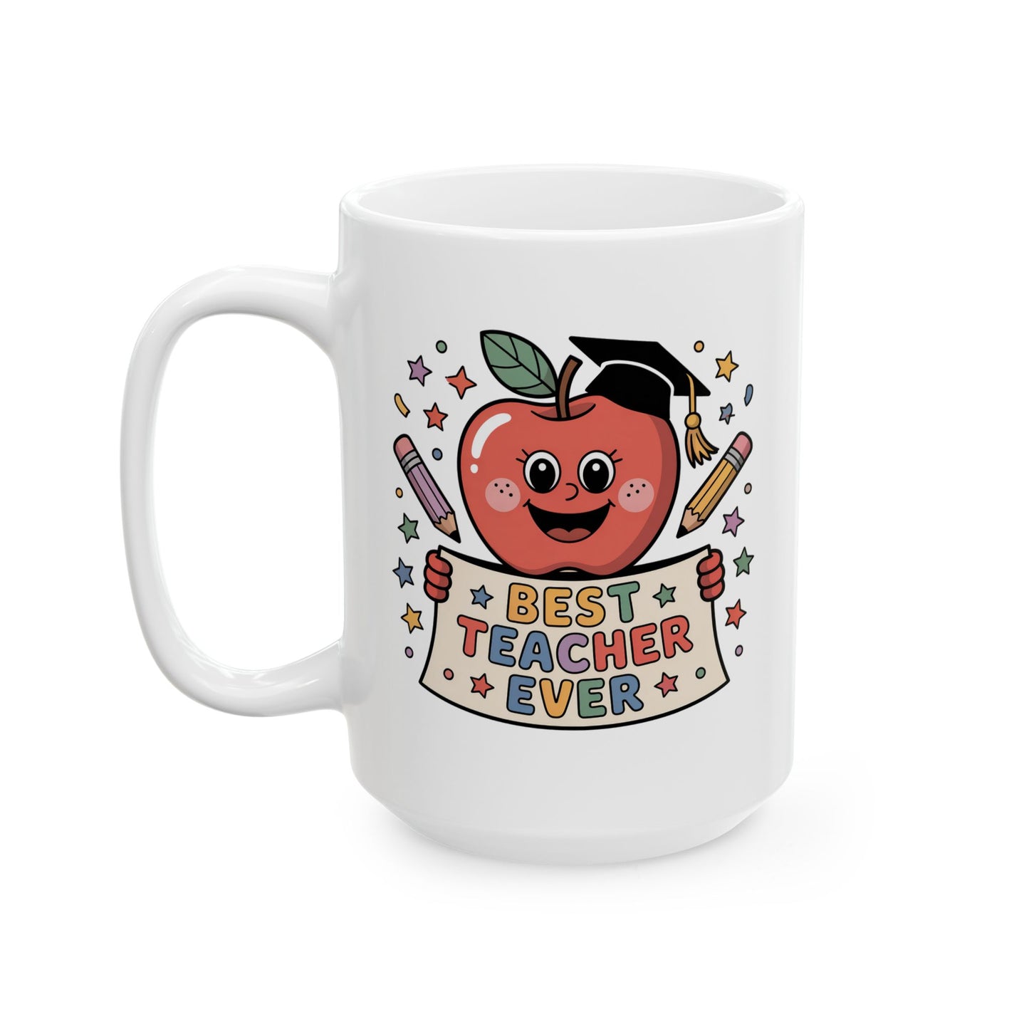 Best Teacher Ever Apple Character Coffee Mug 15 oz – Teacher Appreciation Gift Mug by Lair Gadgets