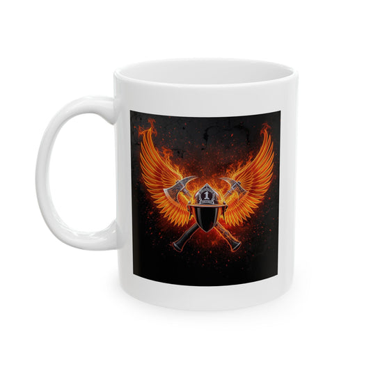 Forged in Flame Firefighter Mug – Storm Response Series – 11oz Black Ceramic Mug with Double-Sided Fire Helmet and Axe Wing Design – Lair Gadgets First Responder Gift
