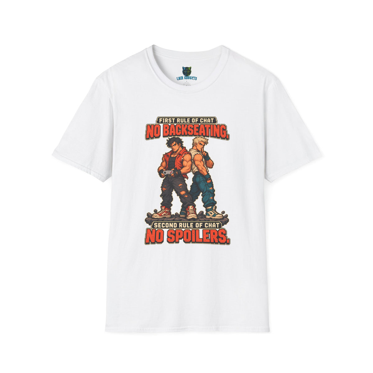 White t-shirt with First Rule of Chat No Backseating No Spoilers pixel art brawlers graphic