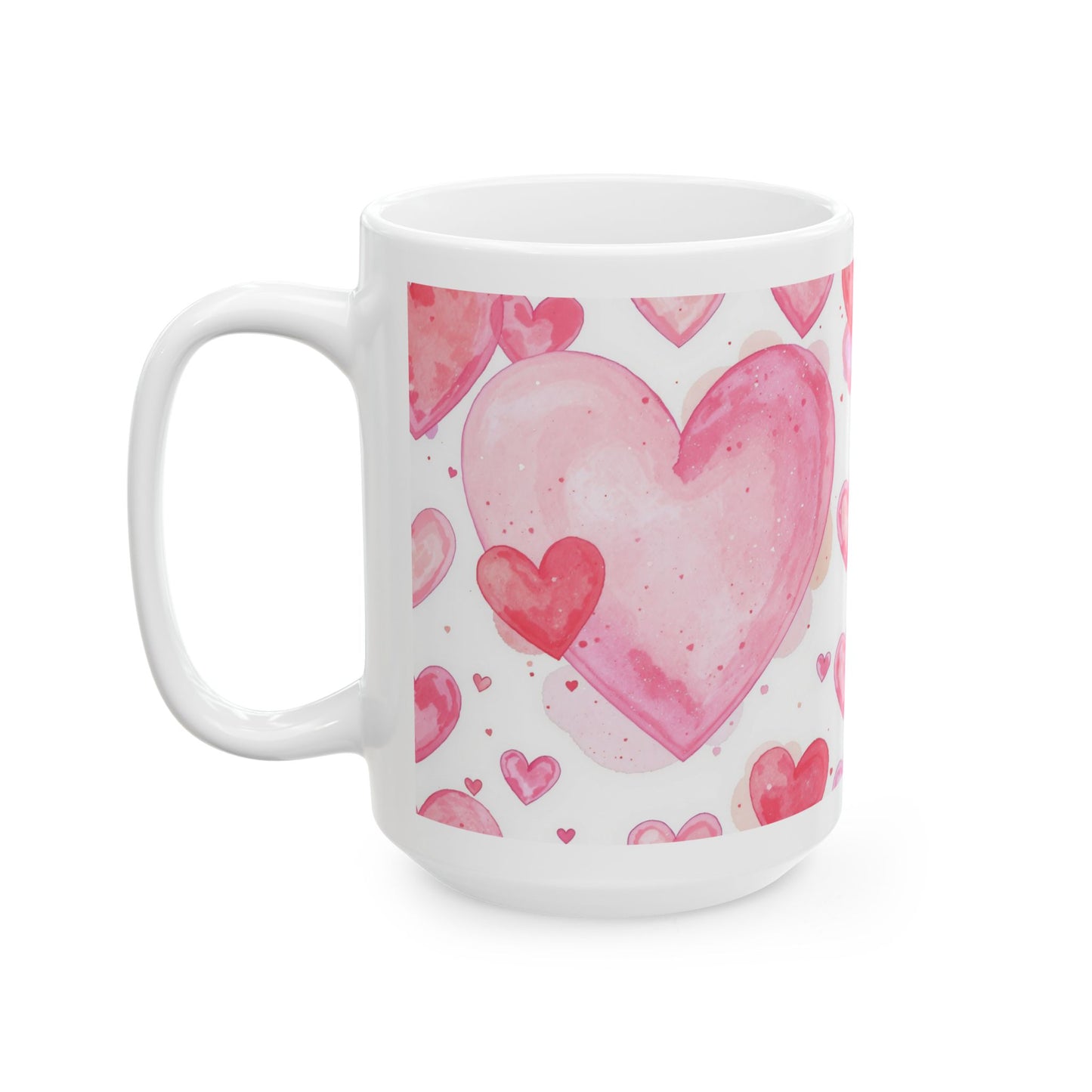 Lair Gadgets Valentine Coffee Mug with Watercolor Heart Pattern, 15 oz White Ceramic Coffee Mug, Soft Pink Romantic Heart Design Gift Mug - Sweetheart Watercolors
