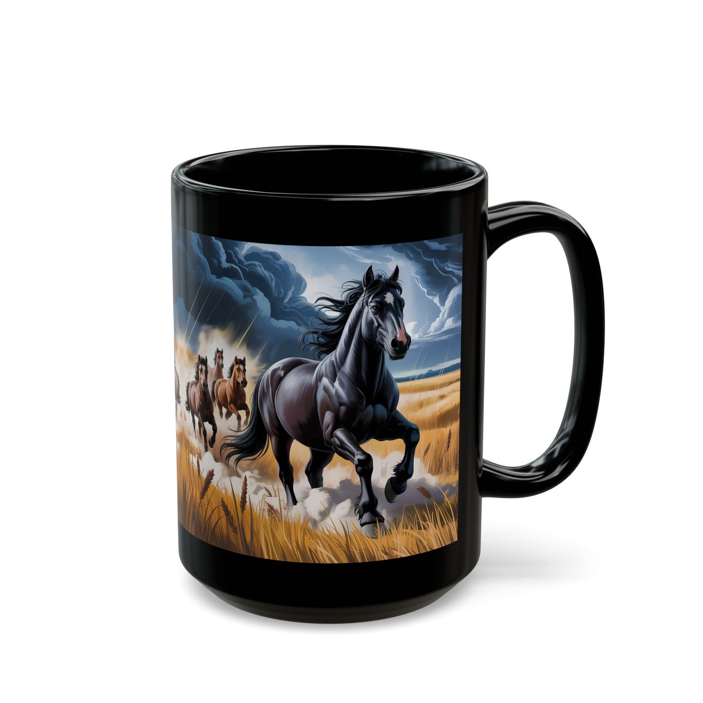 Horse Coffee Mug Running Stallion Herd Black Ceramic 15oz Gift for Horse Lovers by Lair Gadgets