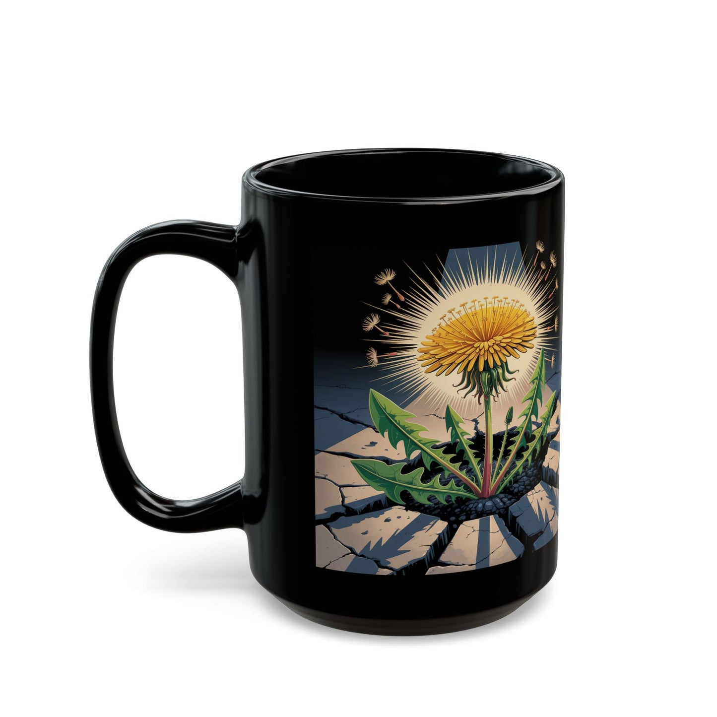 Inspirational Resilience Coffee Mug 15oz Dandelion Breakthrough Design by Lair Gadgets Black Mug (15oz)