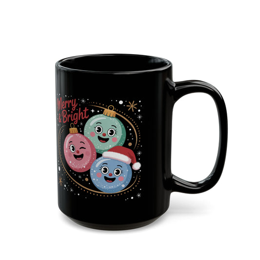 Merry & Bright Ornament Mug by Lair Gadgets – 15 oz Black Ceramic Coffee Cup with Festive Holiday Bauble Design