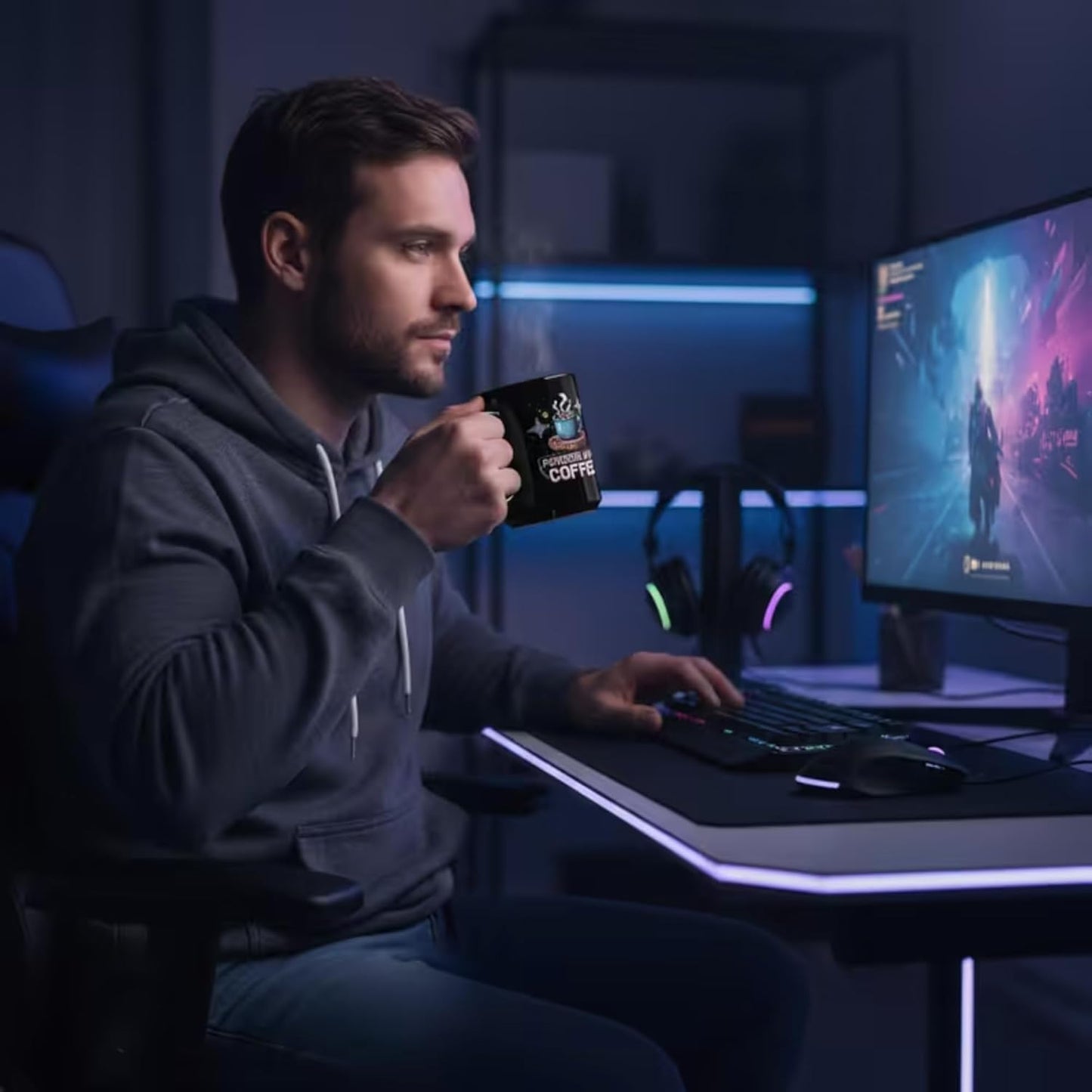Retro Gamer Coffee Mug – Powered Up By Coffee – 15oz Black Ceramic – Pixel Art Video Game Gift