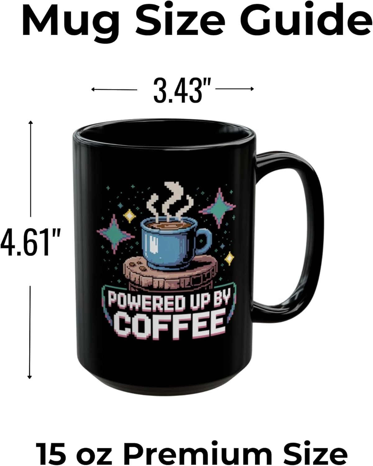 Retro Gamer Coffee Mug – Powered Up By Coffee – 15oz Black Ceramic – Pixel Art Video Game Gift