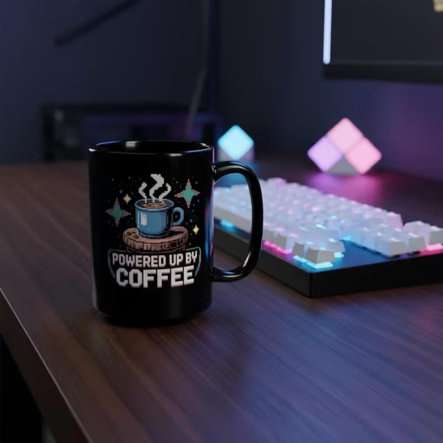 Retro Gamer Coffee Mug – Powered Up By Coffee – 15oz Black Ceramic – Pixel Art Video Game Gift