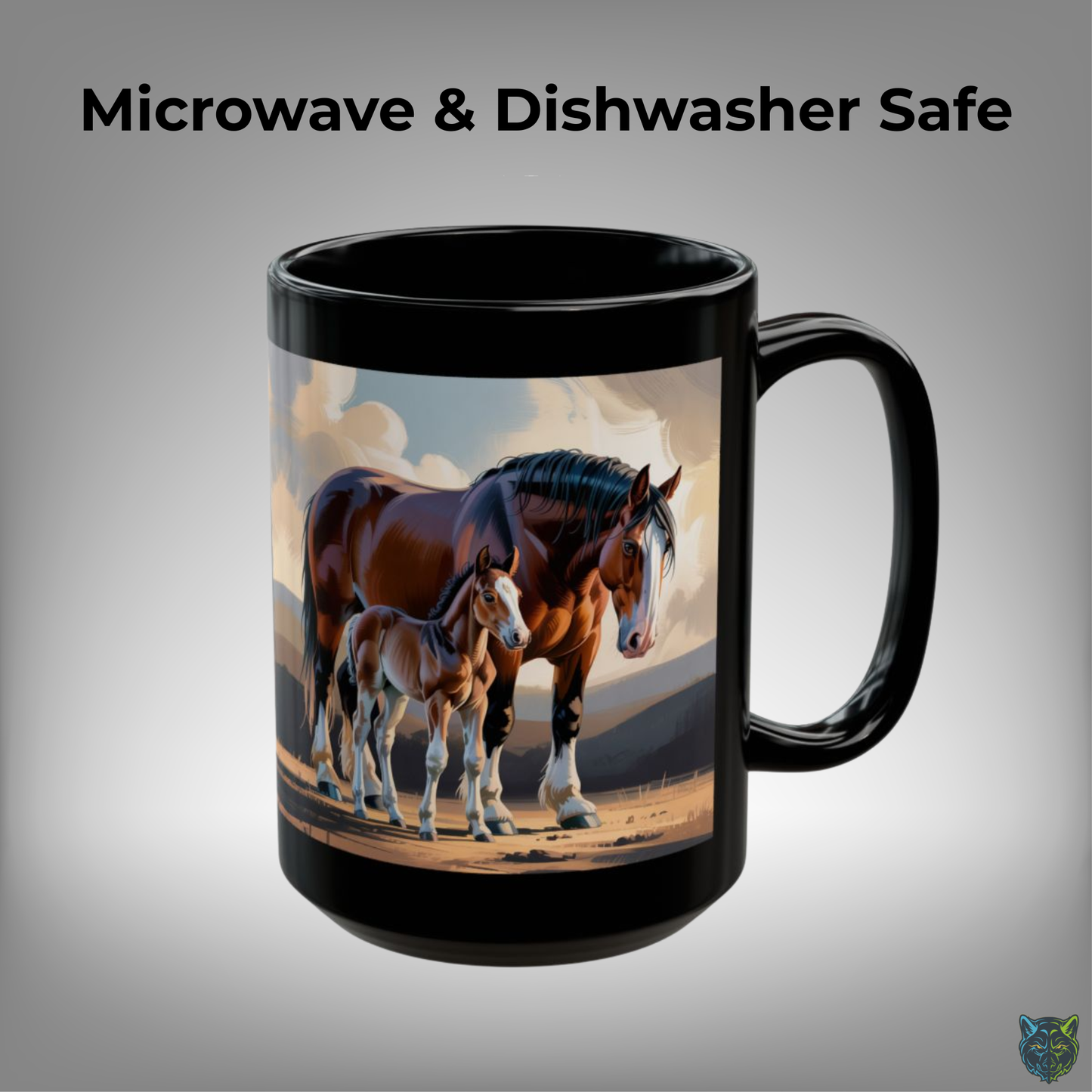 Clydesdale Horse Mug Mare and Foal Black Ceramic Coffee Mug 15oz Farm Animal Gift by Lair Gadgets