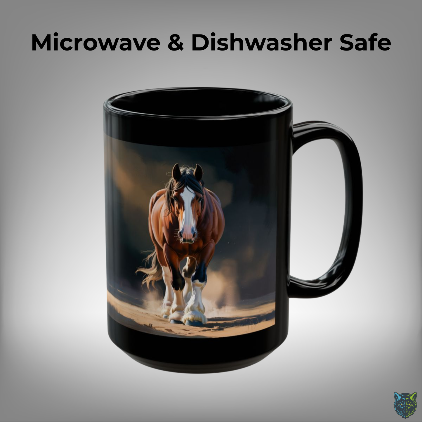 Clydesdale Horse Mug Front Facing Draft Horse Black Ceramic Coffee Mug 15oz Farm Animal Gift by Lair Gadgets