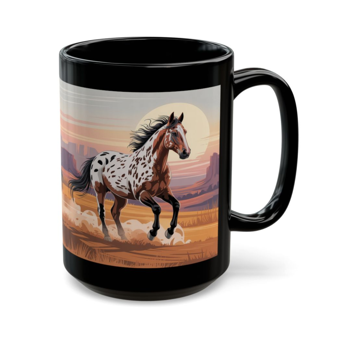 Horse Coffee Mug Appaloosa Running Western Desert Design Black Ceramic 15oz by Lair Gadgets