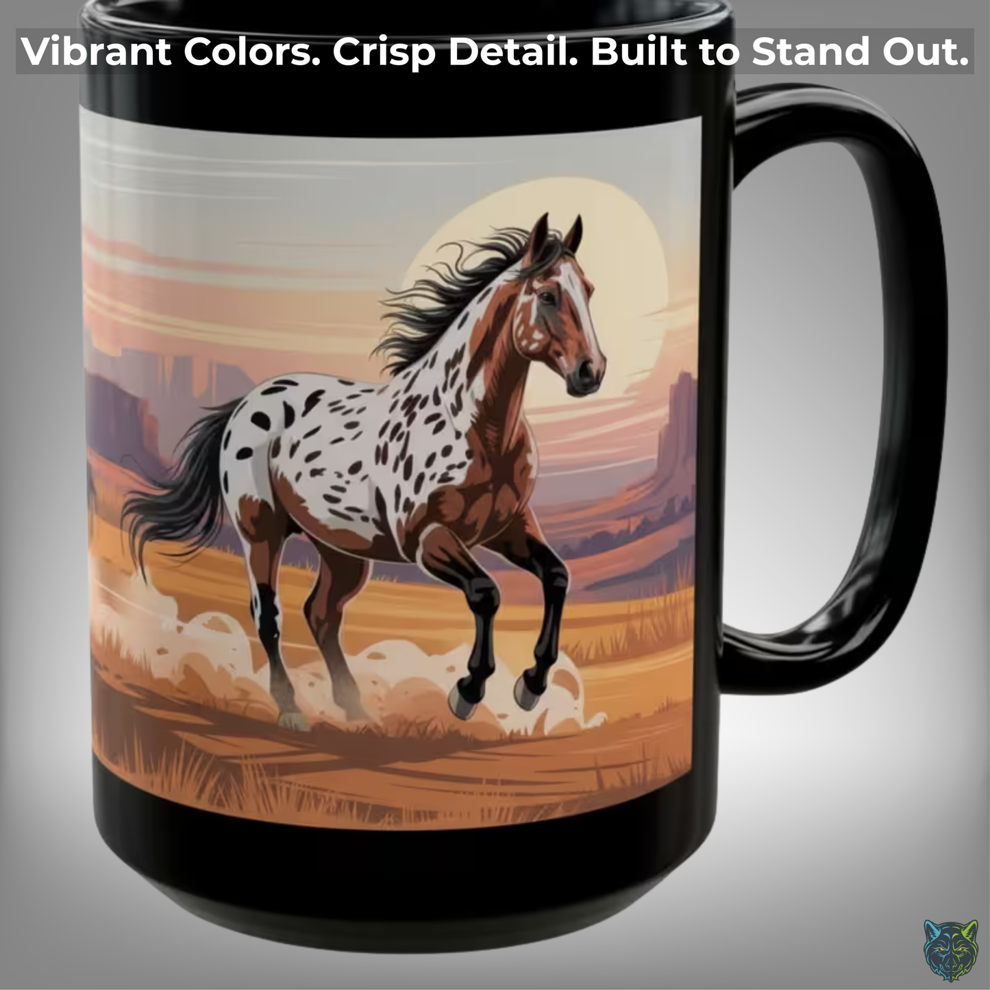 Horse Coffee Mug Appaloosa Running Western Desert Design Black Ceramic 15oz by Lair Gadgets