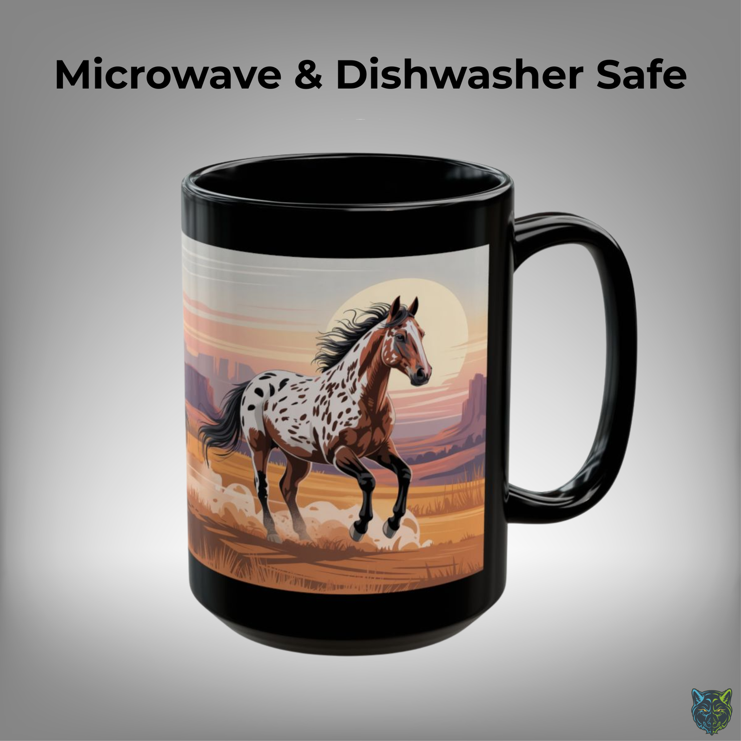 Horse Coffee Mug Appaloosa Running Western Desert Design Black Ceramic 15oz by Lair Gadgets