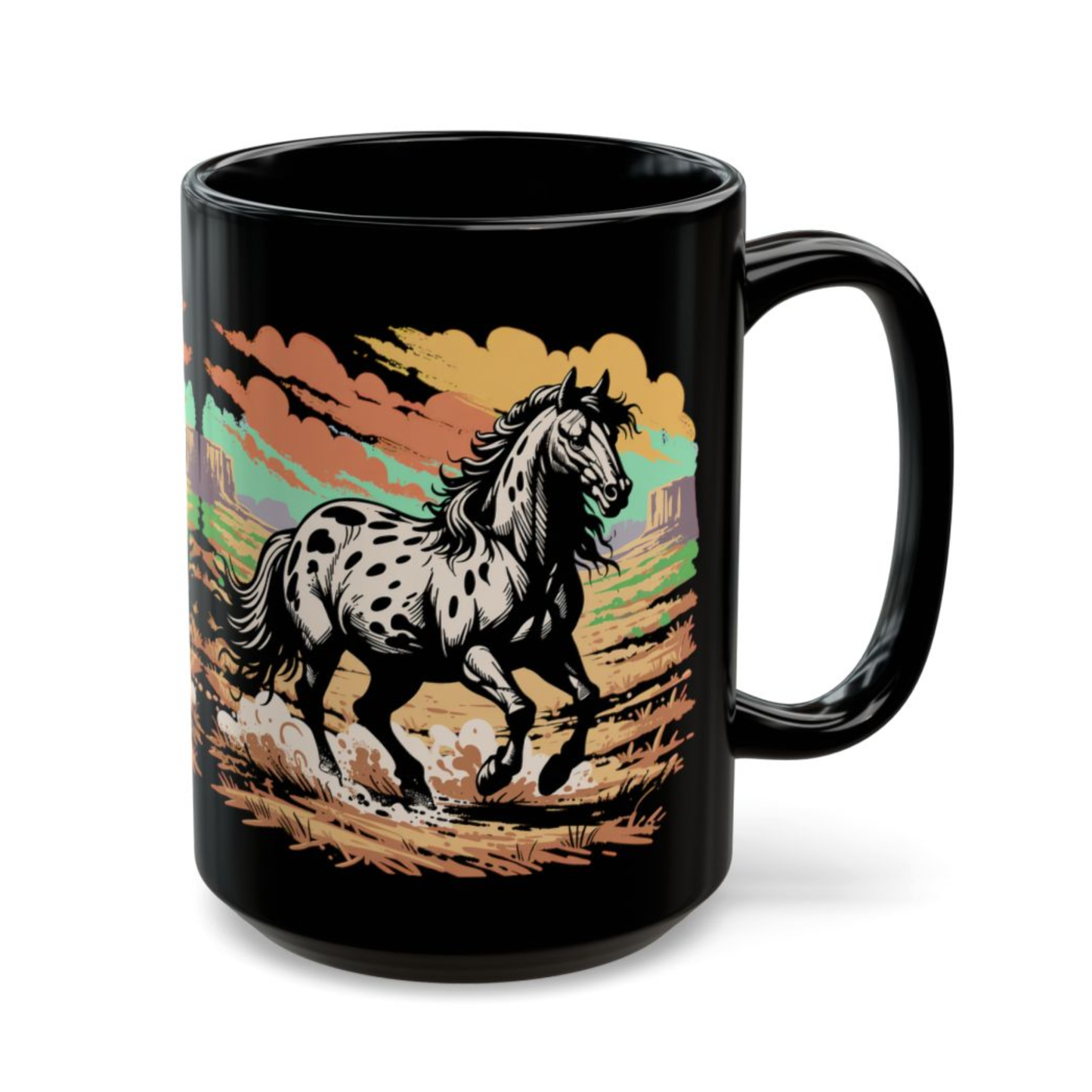 Horse Coffee Mug Appaloosa Western Running Horse Design Black Ceramic 15oz by Lair Gadgets