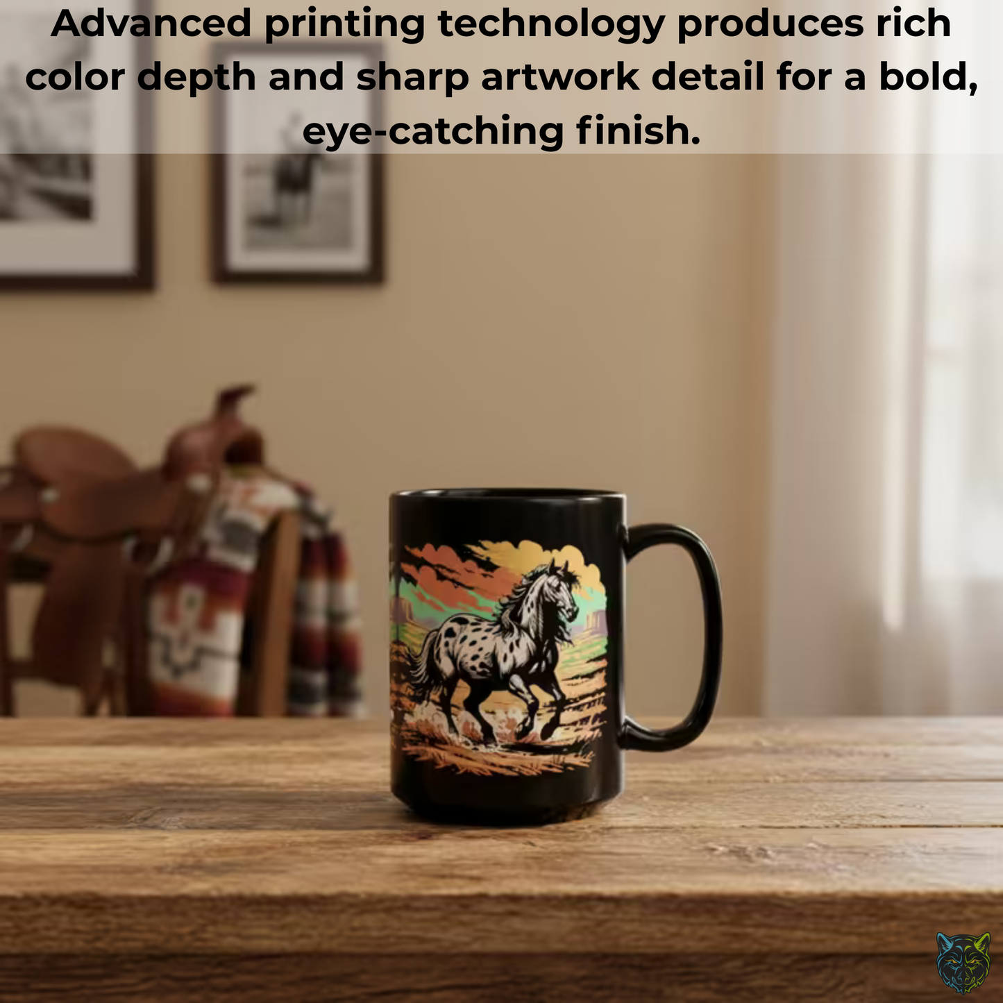 Horse Coffee Mug Appaloosa Western Running Horse Design Black Ceramic 15oz by Lair Gadgets