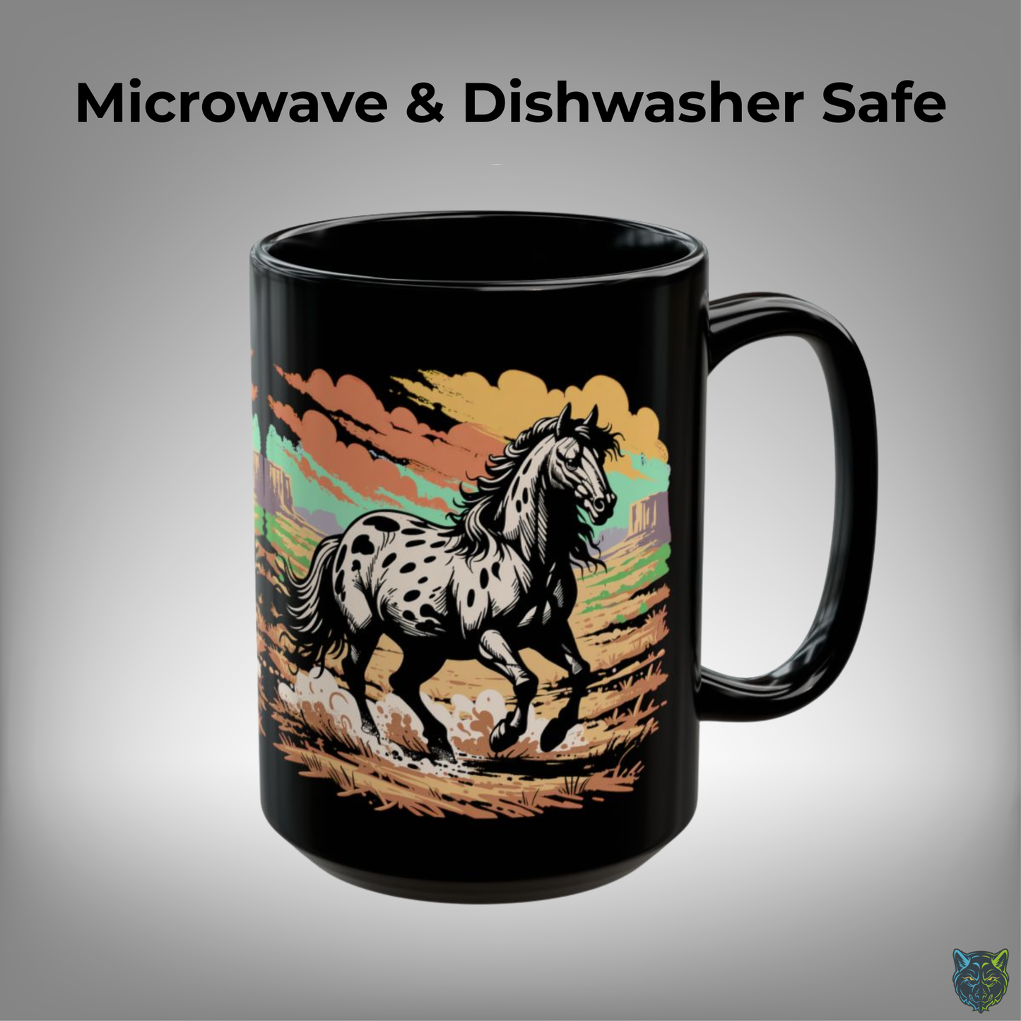 Horse Coffee Mug Appaloosa Western Running Horse Design Black Ceramic 15oz by Lair Gadgets