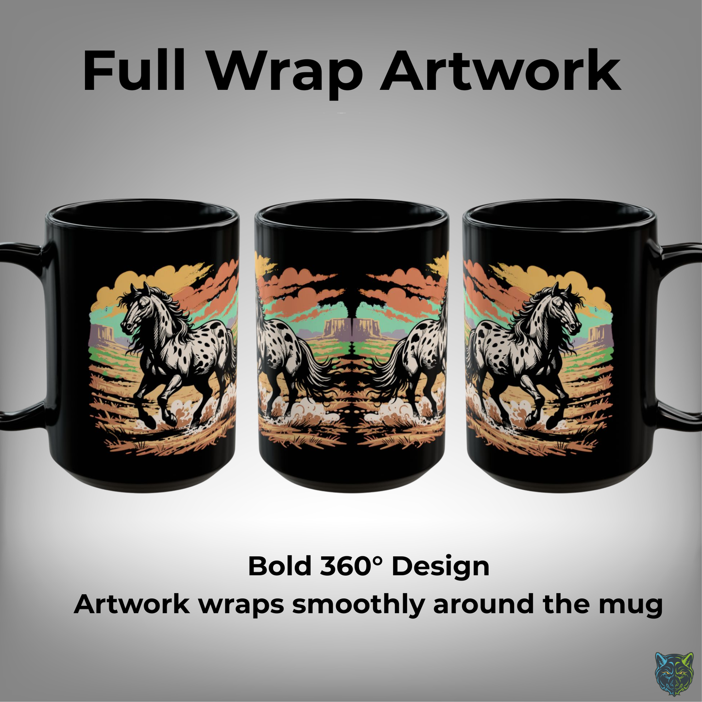 Horse Coffee Mug Appaloosa Western Running Horse Design Black Ceramic 15oz by Lair Gadgets