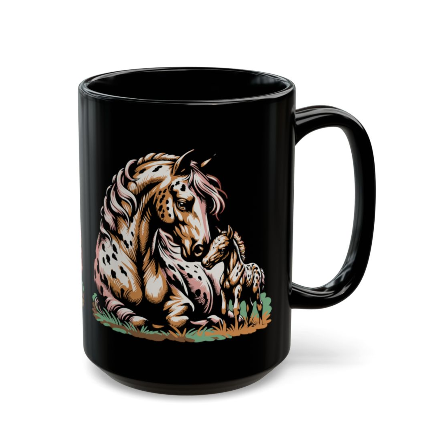 Horse Coffee Mug Appaloosa Mare and Foal Design Black Ceramic 15oz by Lair Gadgets