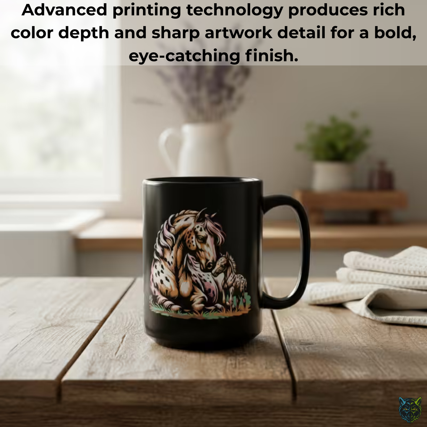 Horse Coffee Mug Appaloosa Mare and Foal Design Black Ceramic 15oz by Lair Gadgets