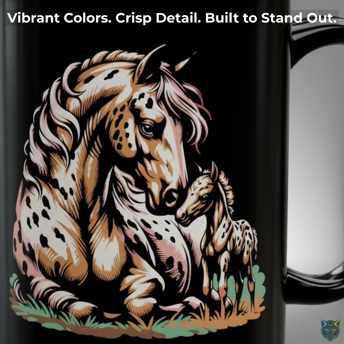Horse Coffee Mug Appaloosa Mare and Foal Design Black Ceramic 15oz by Lair Gadgets