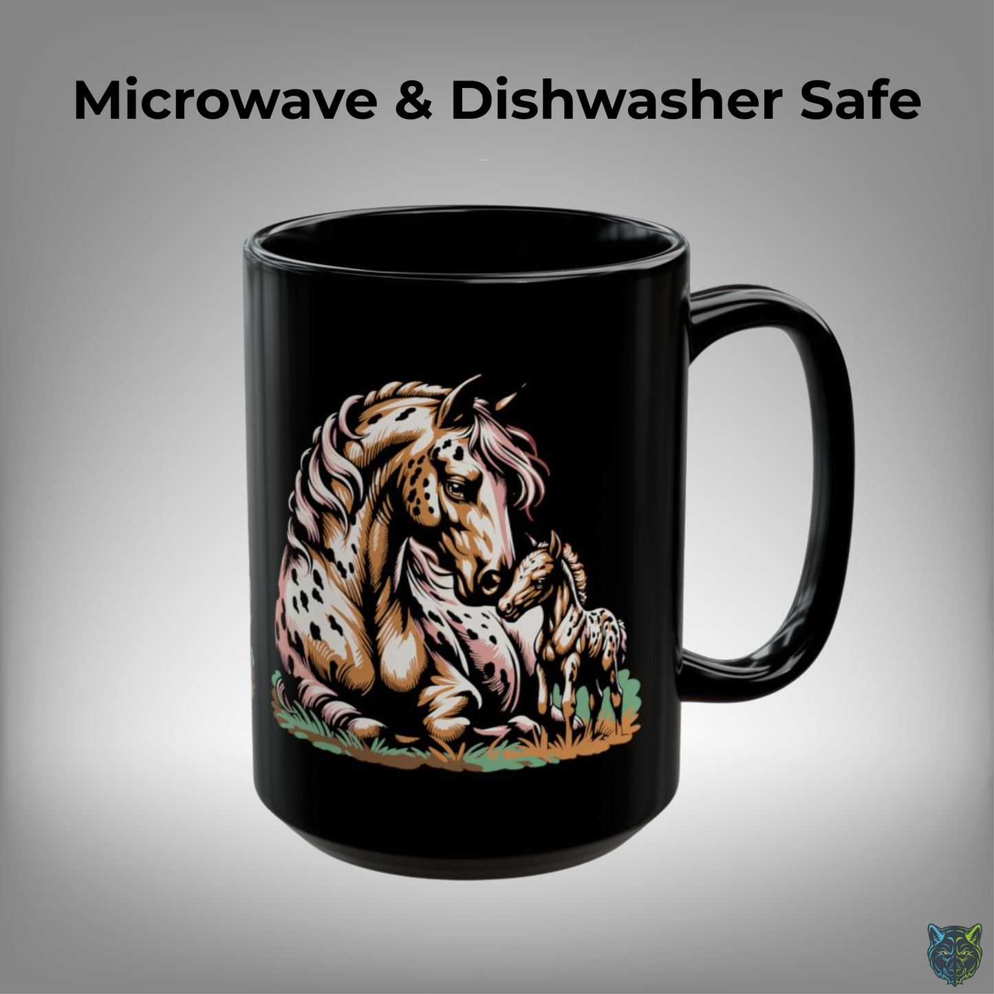 Horse Coffee Mug Appaloosa Mare and Foal Design Black Ceramic 15oz by Lair Gadgets