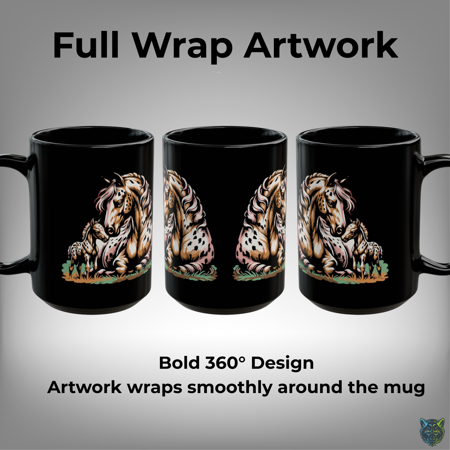 Horse Coffee Mug Appaloosa Mare and Foal Design Black Ceramic 15oz by Lair Gadgets