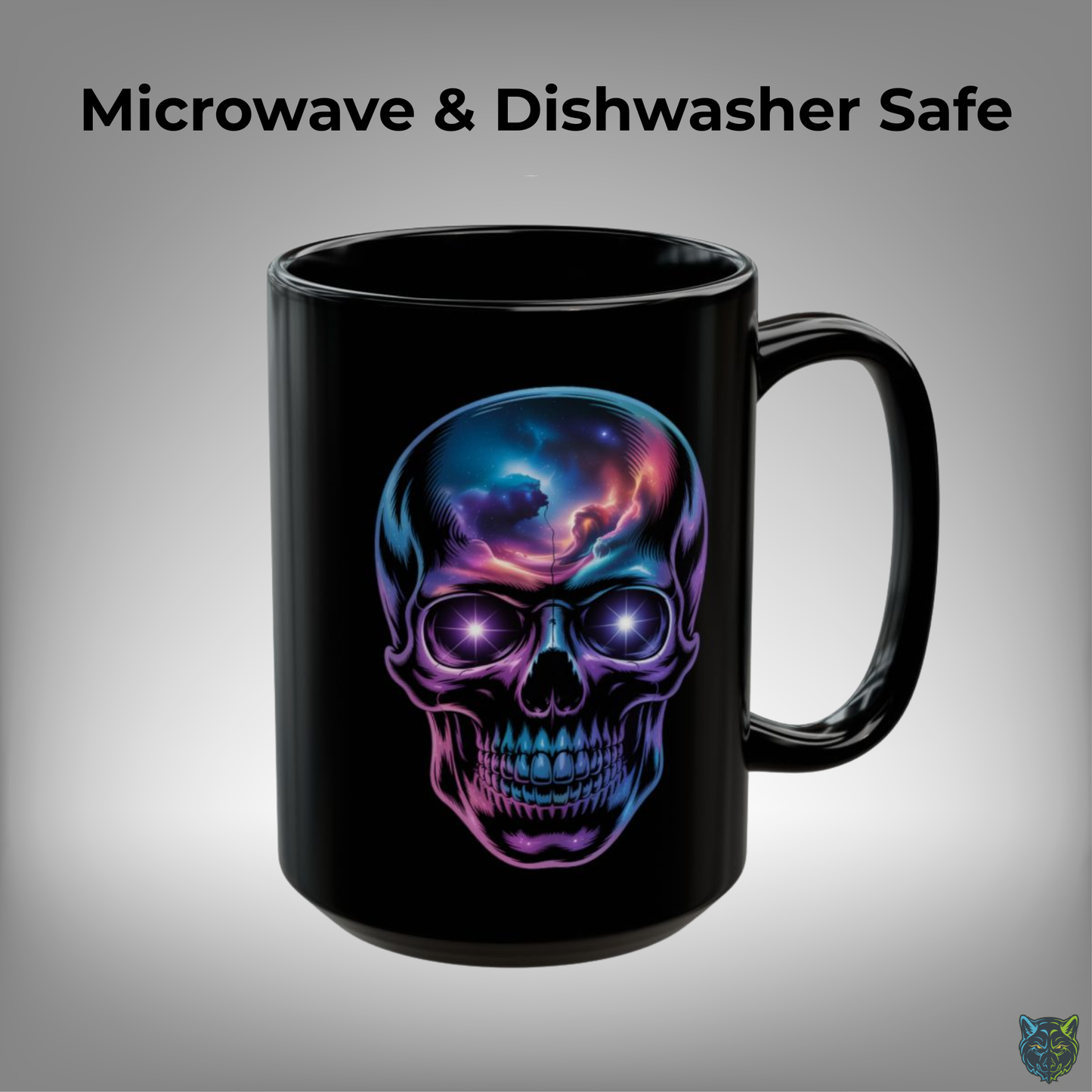 Skull Coffee Mug Neon Galaxy Design Black Ceramic 15oz Gothic Aesthetic Cup for Men Dark Art Gift by Lair Gadgets