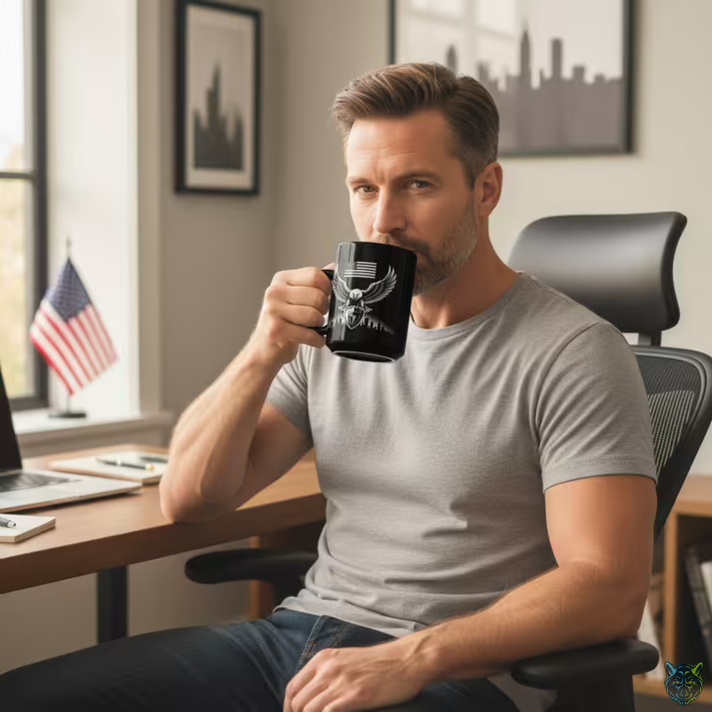American Eagle Coffee Mug Patriotic USA Flag Design Black Ceramic 15oz Gift for Men Veterans Military Pride by Lair Gadgets