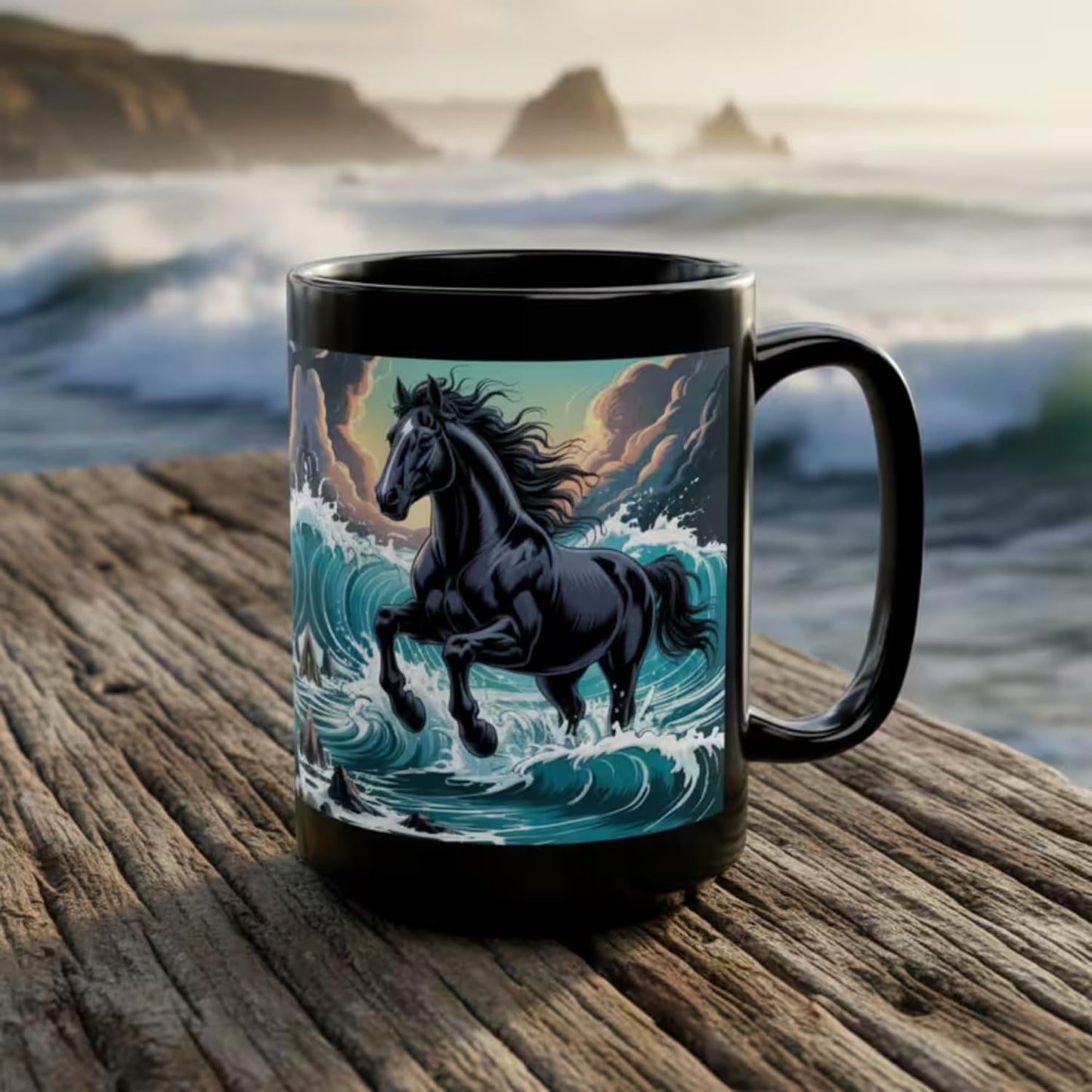 Horse Coffee Mug – Rogue Wave Stallion Ceramic 15oz Ocean Horse Mug