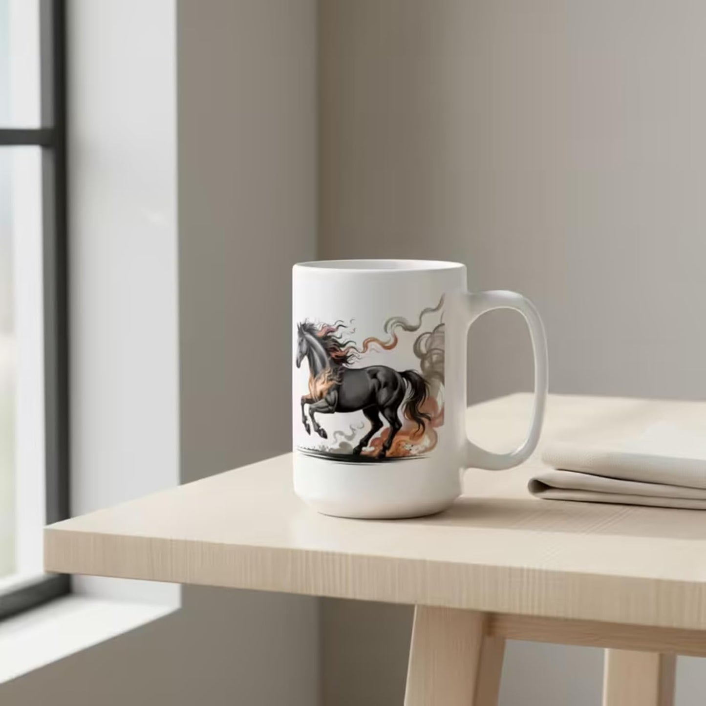 Fire Horse Minimalist Ceramic Coffee Mug, Calm Symbolic Horse Artwork, White 15 oz Mug