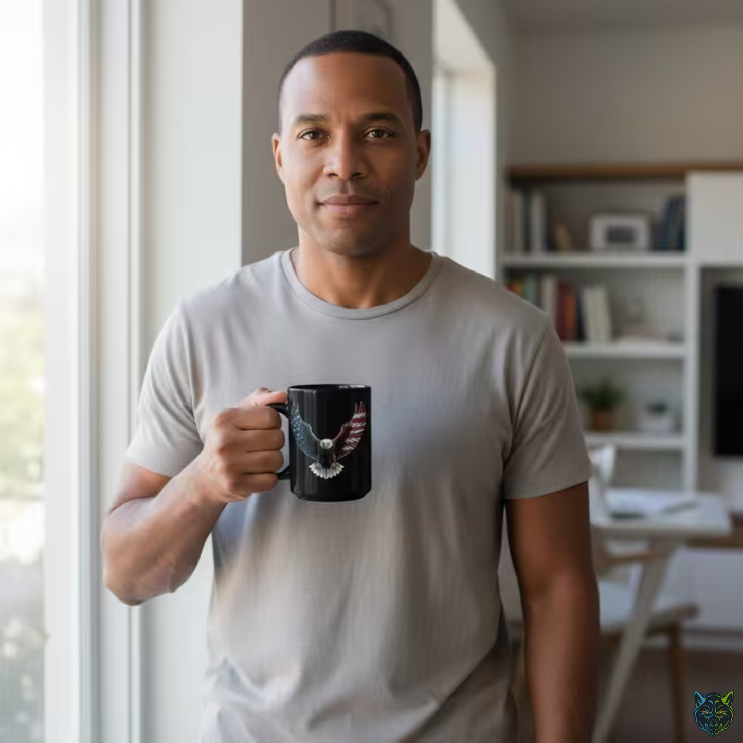 Patriotic Coffee Mug Flying American Eagle Flag Wings Design Black Ceramic 15oz USA Pride Gift