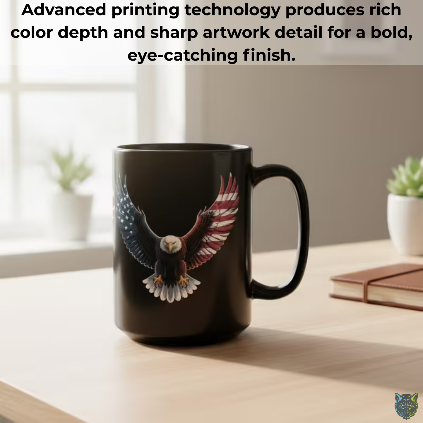 Patriotic Coffee Mug Flying American Eagle Flag Wings Design Black Ceramic 15oz USA Pride Gift
