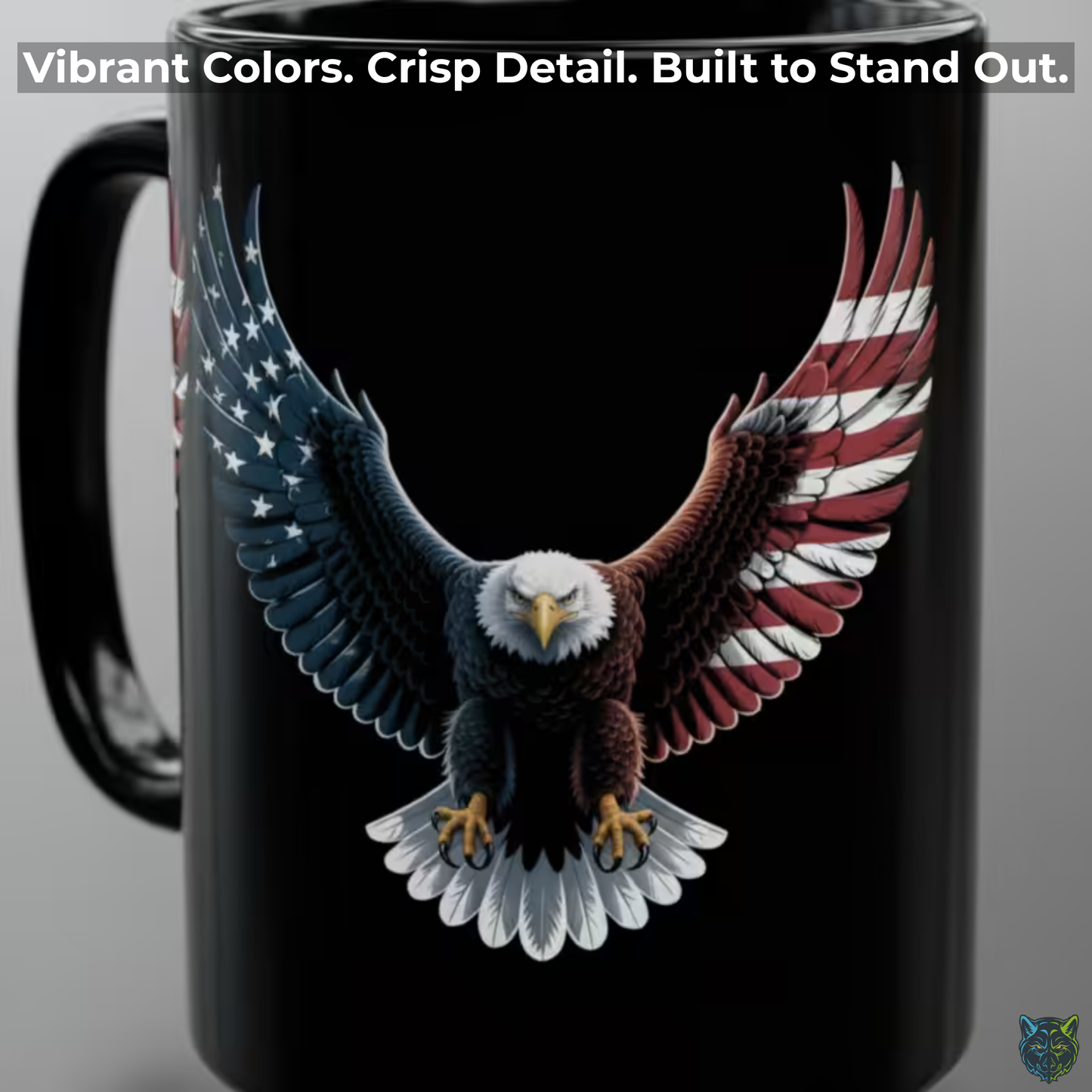 Patriotic Coffee Mug Flying American Eagle Flag Wings Design Black Ceramic 15oz USA Pride Gift