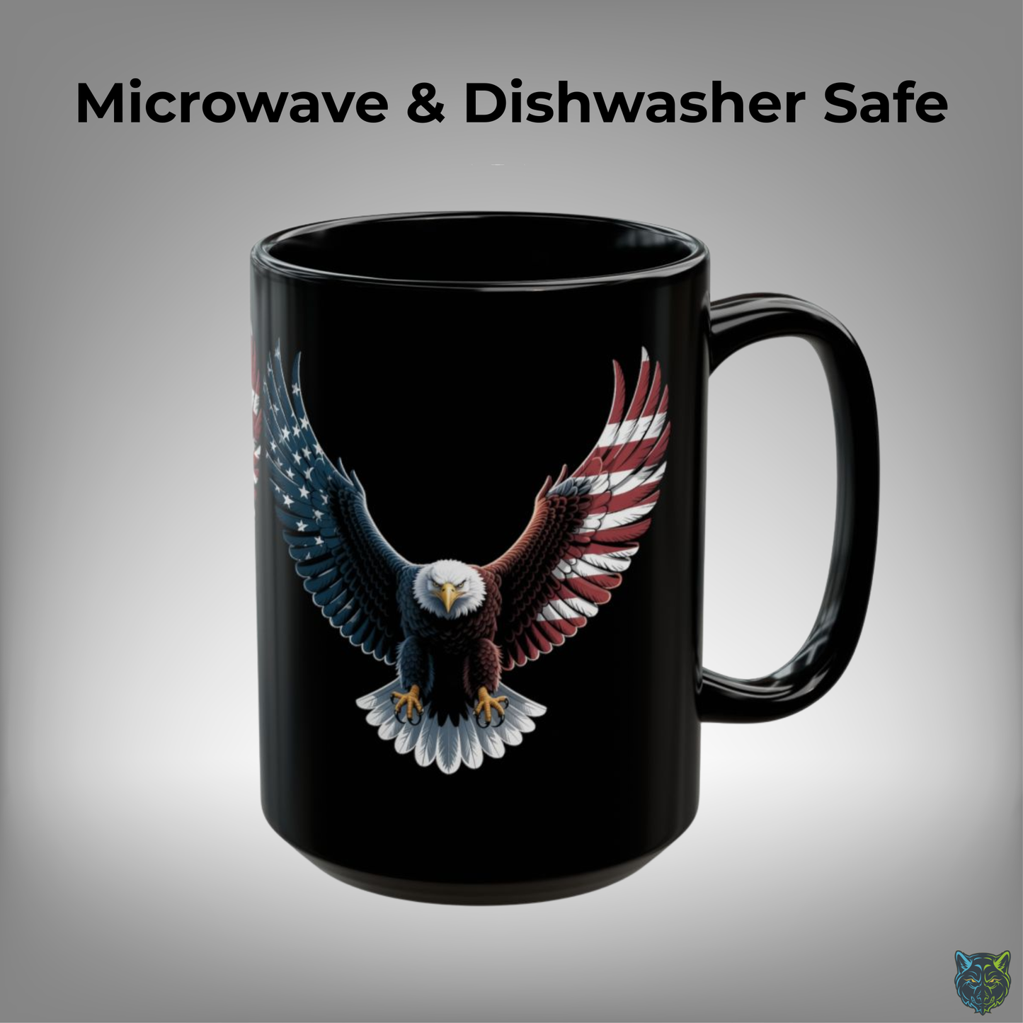 Patriotic Coffee Mug Flying American Eagle Flag Wings Design Black Ceramic 15oz USA Pride Gift