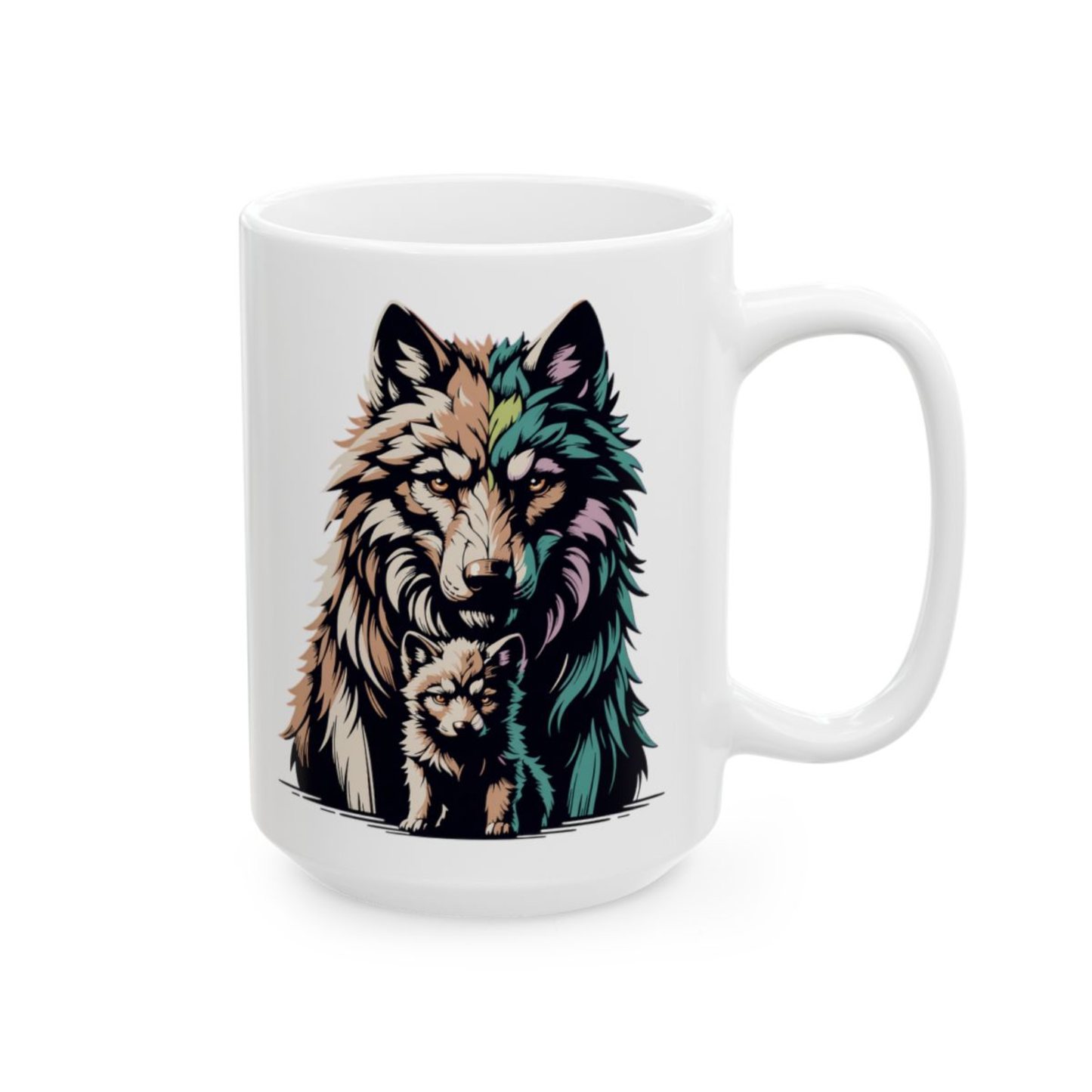 Wolf Coffee Mug Colorful Wolf and Pup White Ceramic Coffee Mug 15oz Animal Gift by Lair Gadgets
